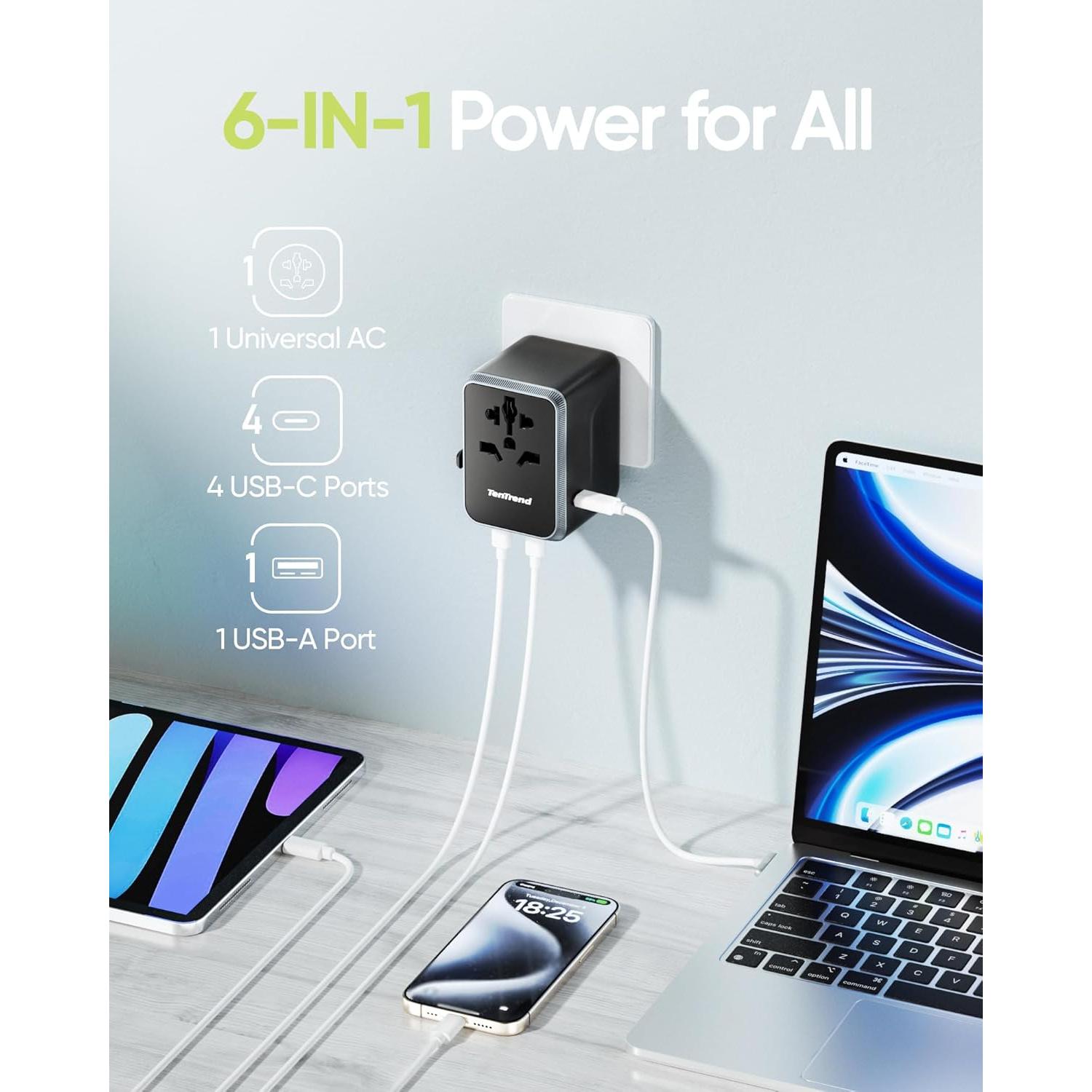Adaptador de Viaje Universal TenTrend 30W 6-en-1 USB-C y USB-A