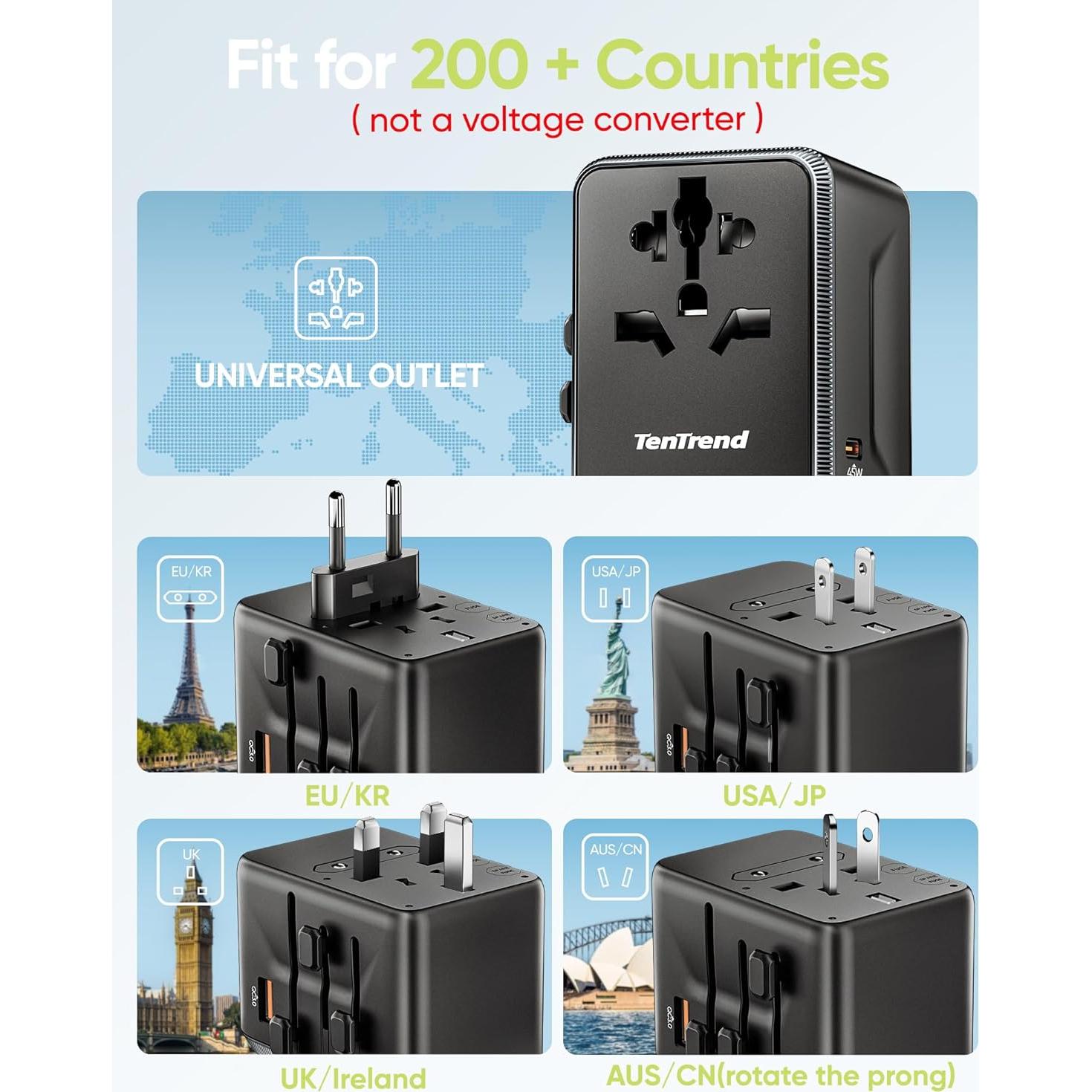 Adaptador de Viaje Universal TenTrend 30W 6-en-1 USB-C y USB-A