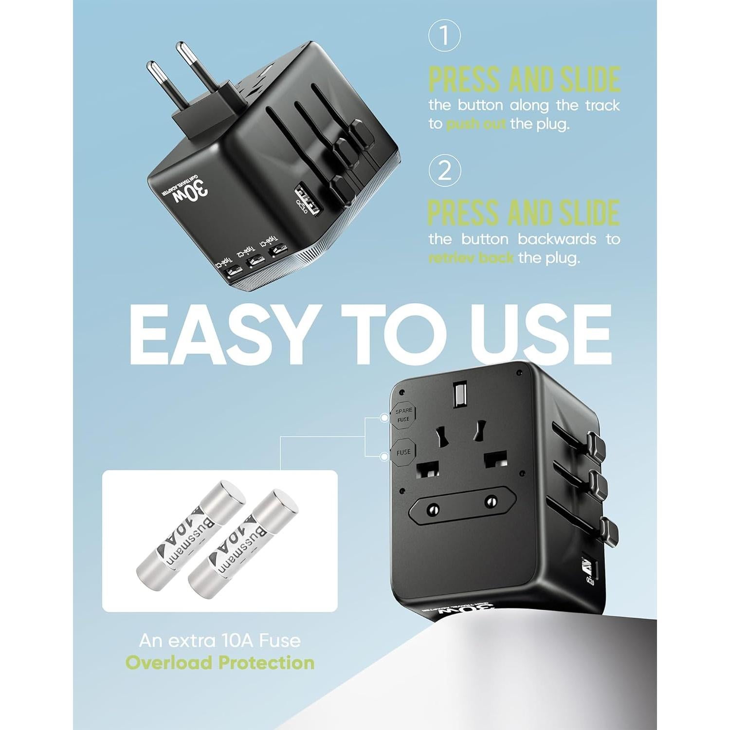 Adaptador de Viaje Universal TenTrend 30W 6-en-1 USB-C y USB-A