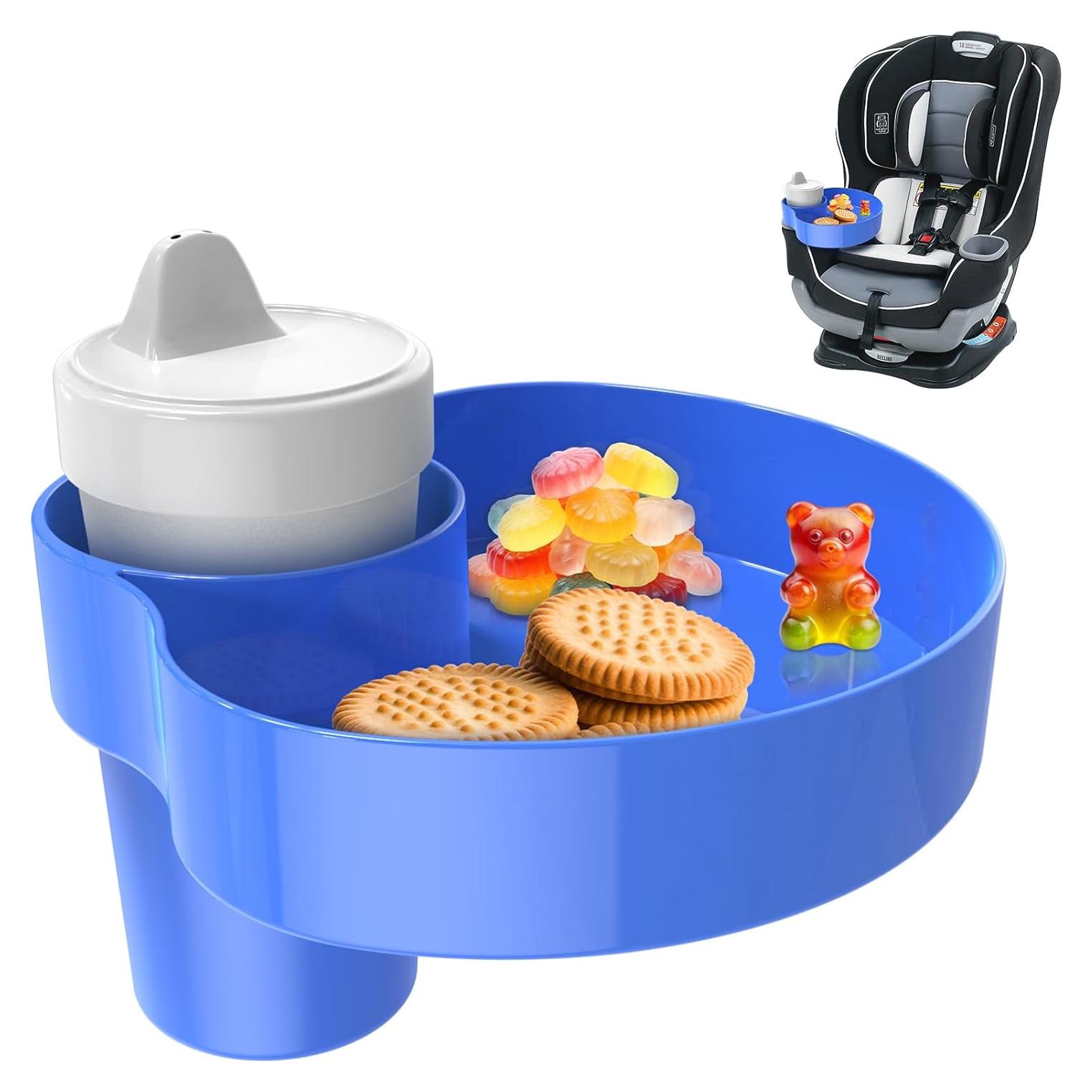 Car Seat Snack Tray: Travel Tray for Kids Carseat Cup Holder with Food Trays, Stroller Snacks Plate for Toddlers, Kid Road Trip Essentials, Blue