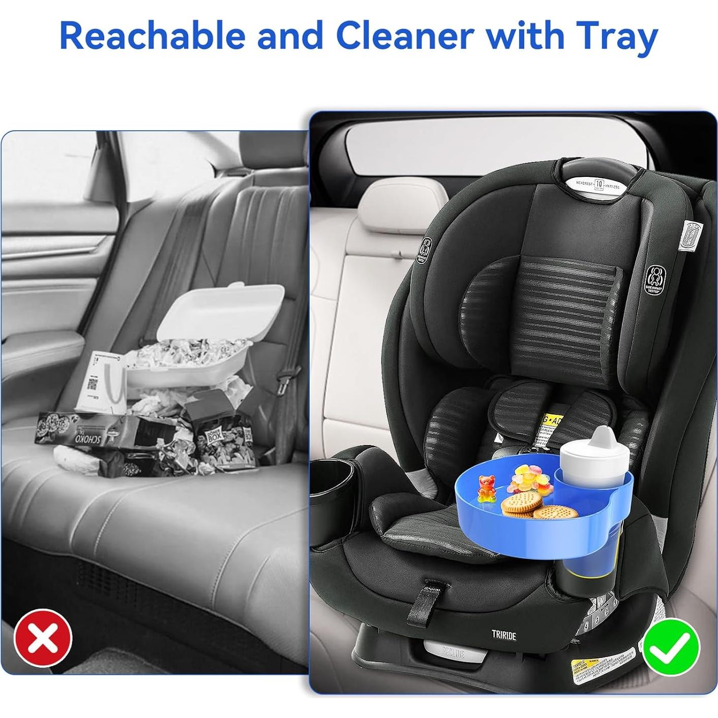 Car Seat Snack Tray: Travel Tray for Kids Carseat Cup Holder with Food Trays, Stroller Snacks Plate for Toddlers, Kid Road Trip Essentials, Blue