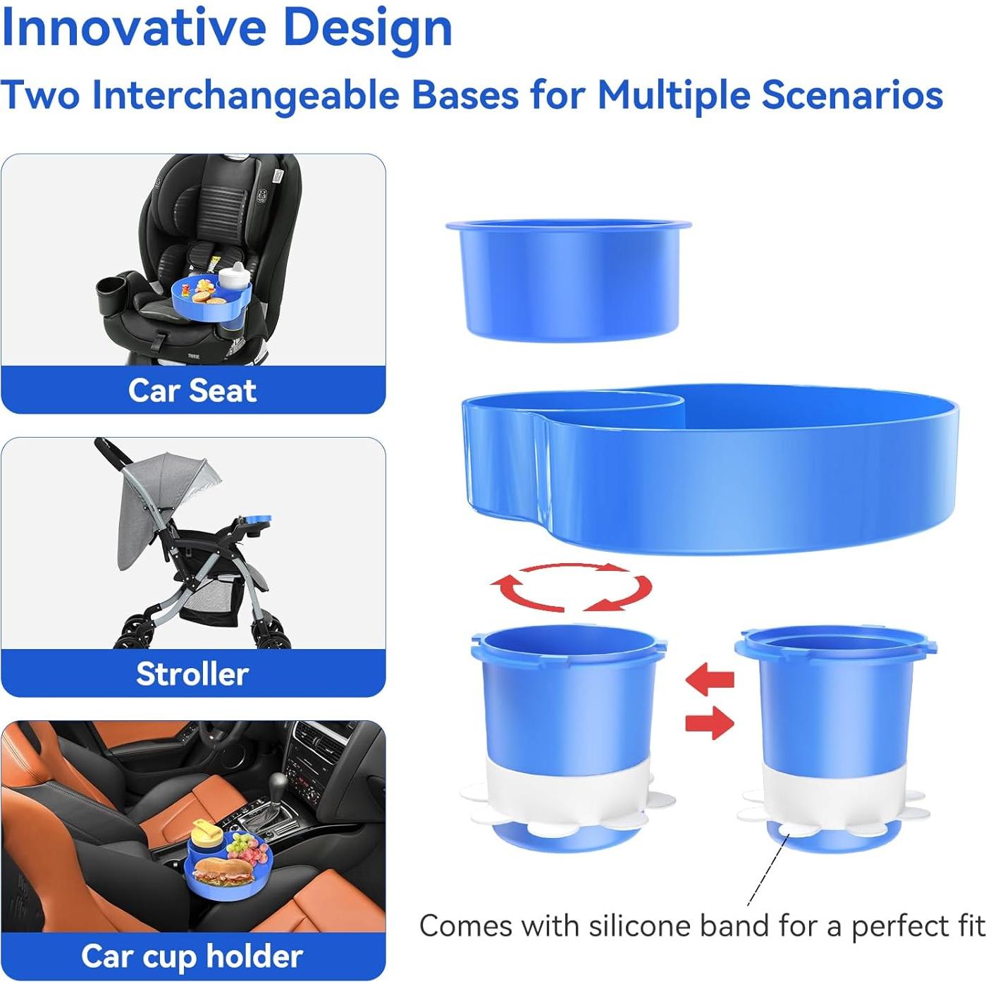 Car Seat Snack Tray: Travel Tray for Kids Carseat Cup Holder with Food Trays, Stroller Snacks Plate for Toddlers, Kid Road Trip Essentials, Blue