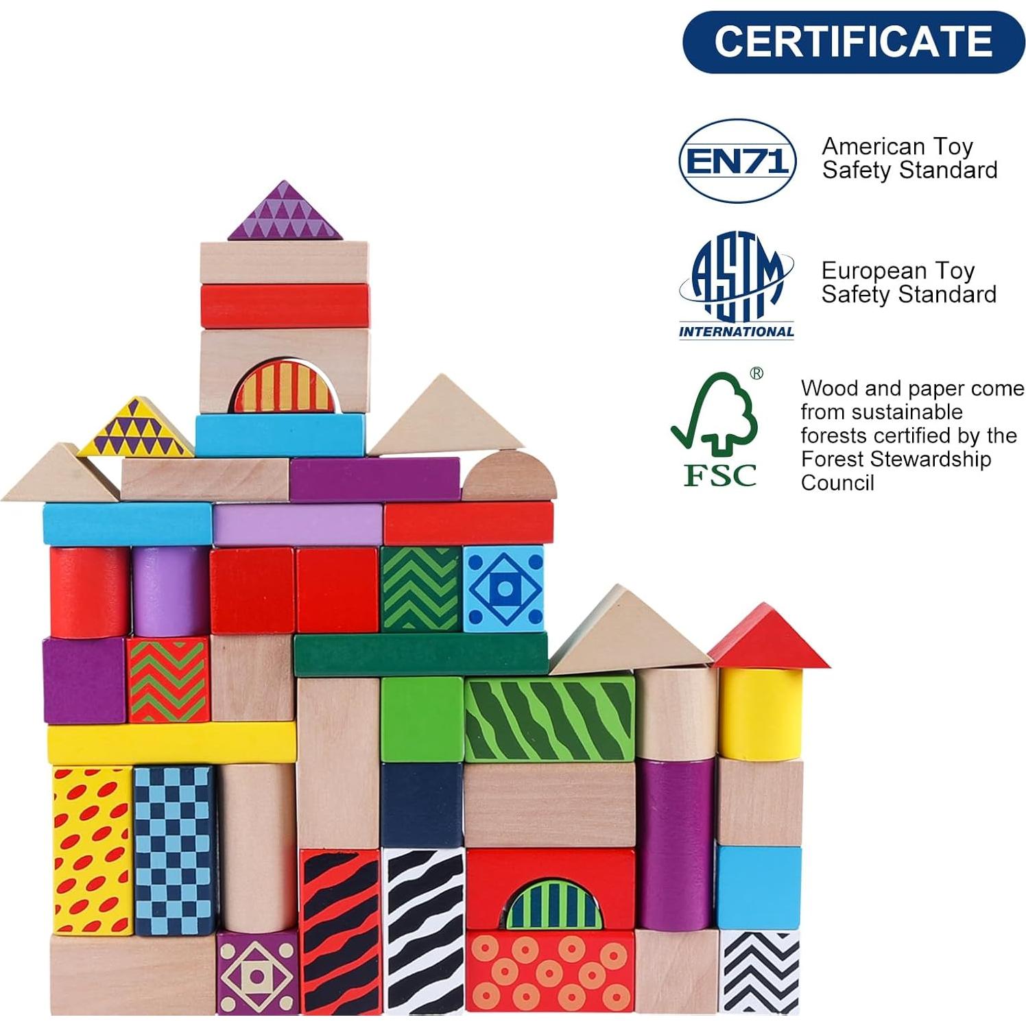 Bloques de Construcción de Madera Offelec 50 Piezas para Niños