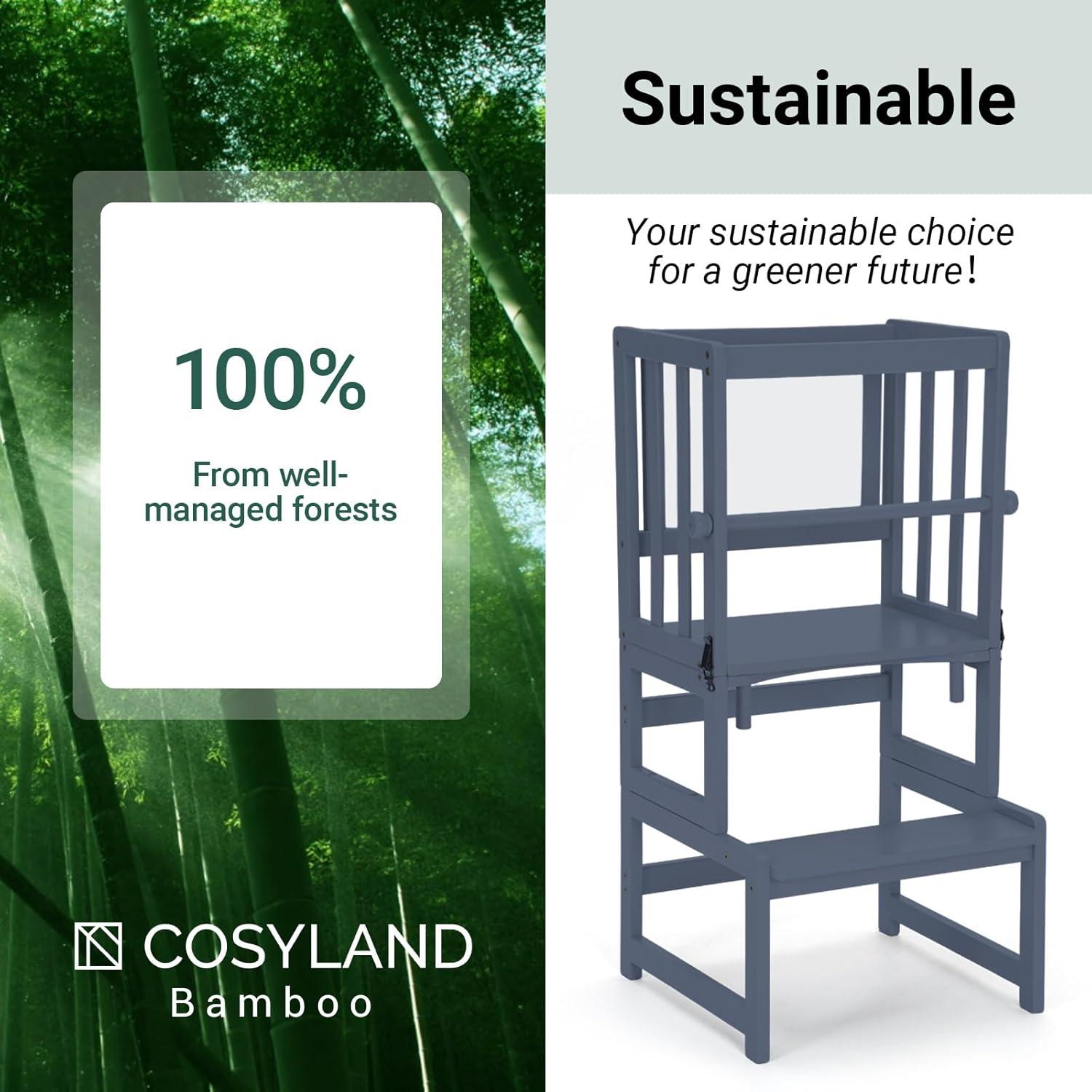 Torre de Pie Multifuncional COSYLAND 3 en 1 para Niños - Taburete de Cocina con Pizarra y Barandilla de Seguridad