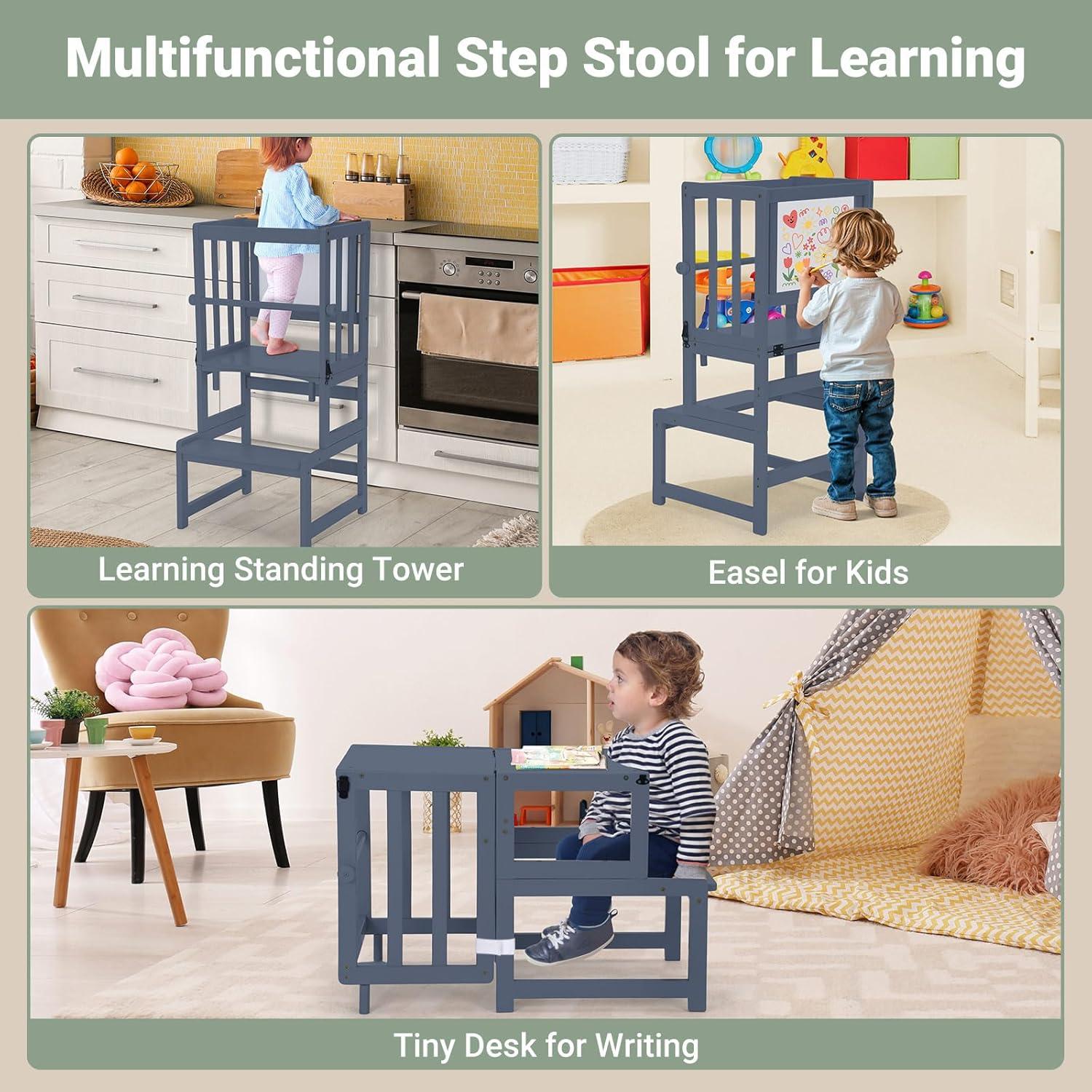 Torre de Pie Multifuncional COSYLAND 3 en 1 para Niños - Taburete de Cocina con Pizarra y Barandilla de Seguridad