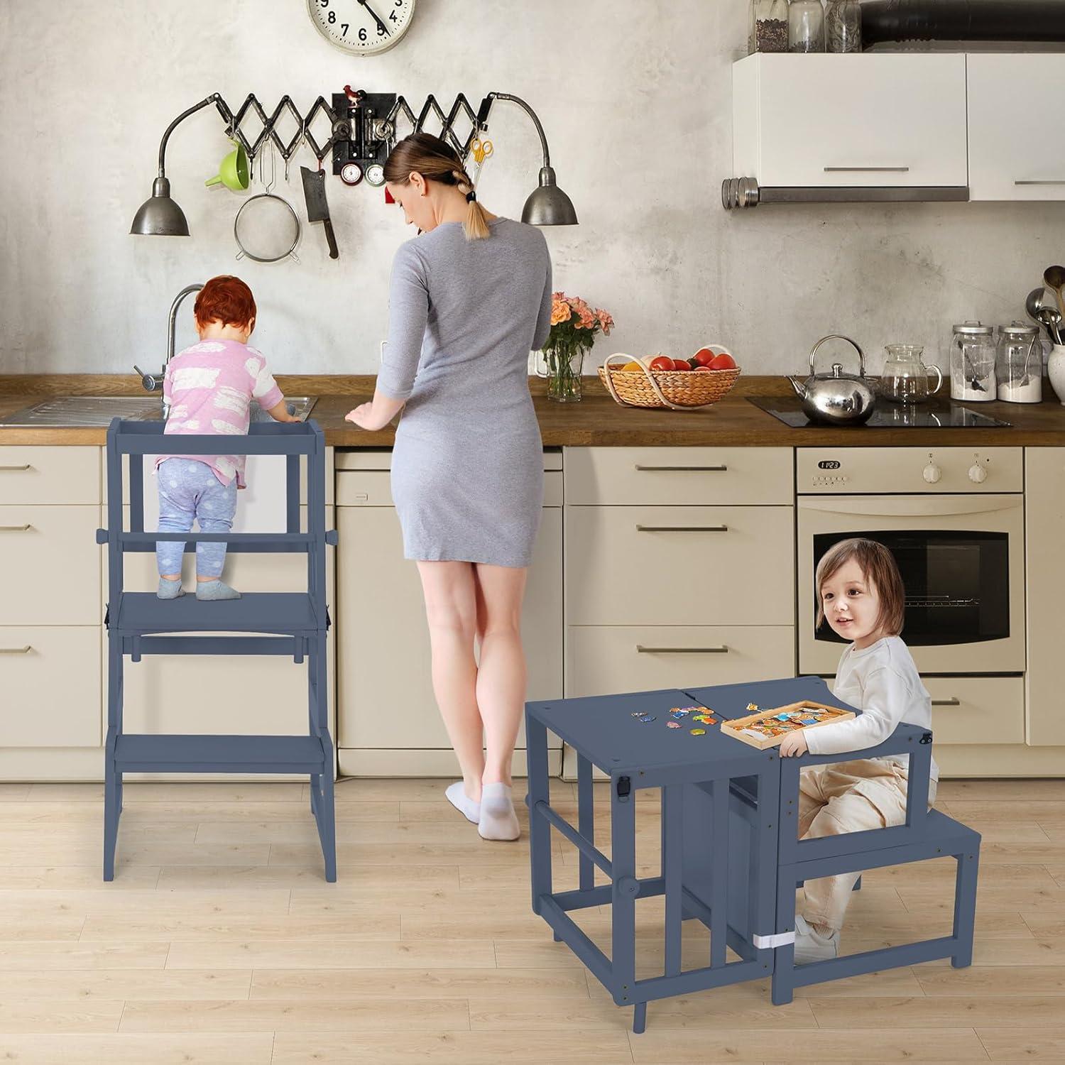 Torre de Pie Multifuncional COSYLAND 3 en 1 para Niños - Taburete de Cocina con Pizarra y Barandilla de Seguridad