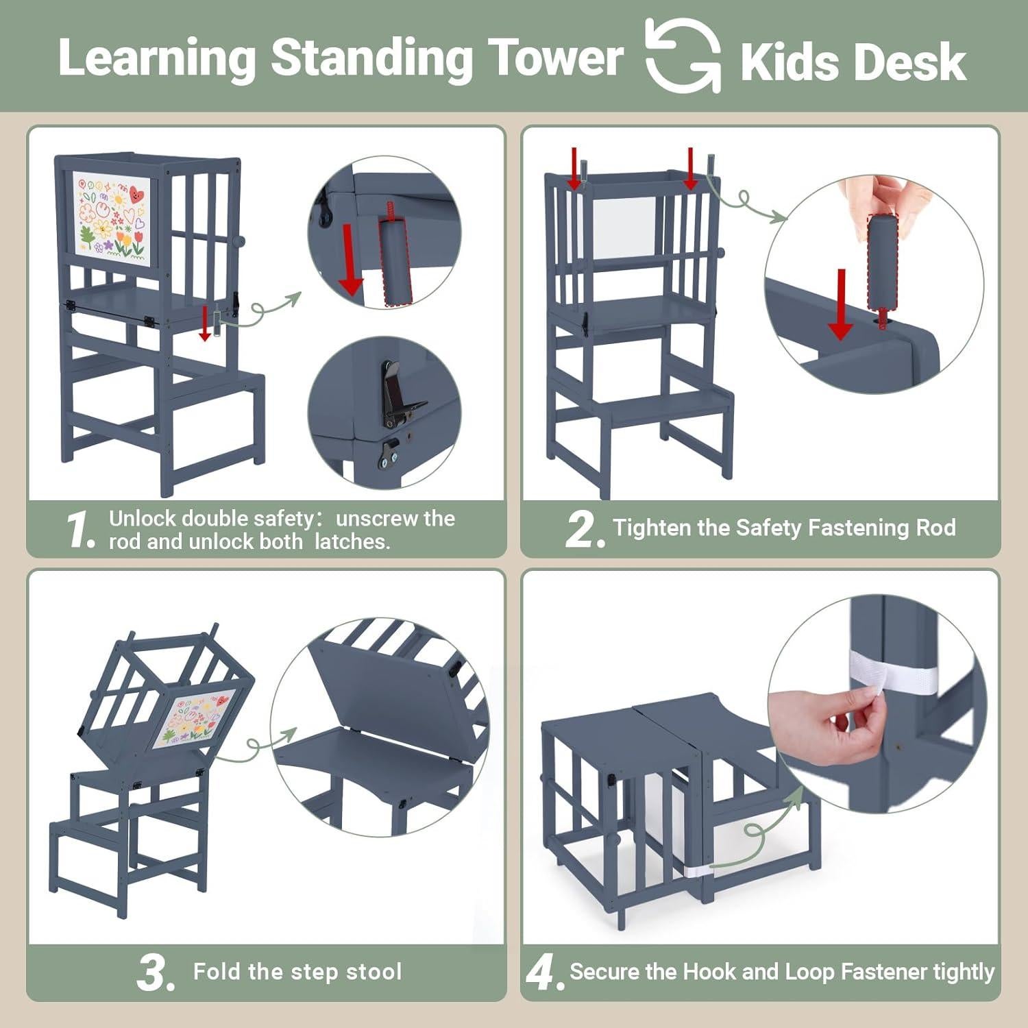 Torre de Pie Multifuncional COSYLAND 3 en 1 para Niños - Taburete de Cocina con Pizarra y Barandilla de Seguridad