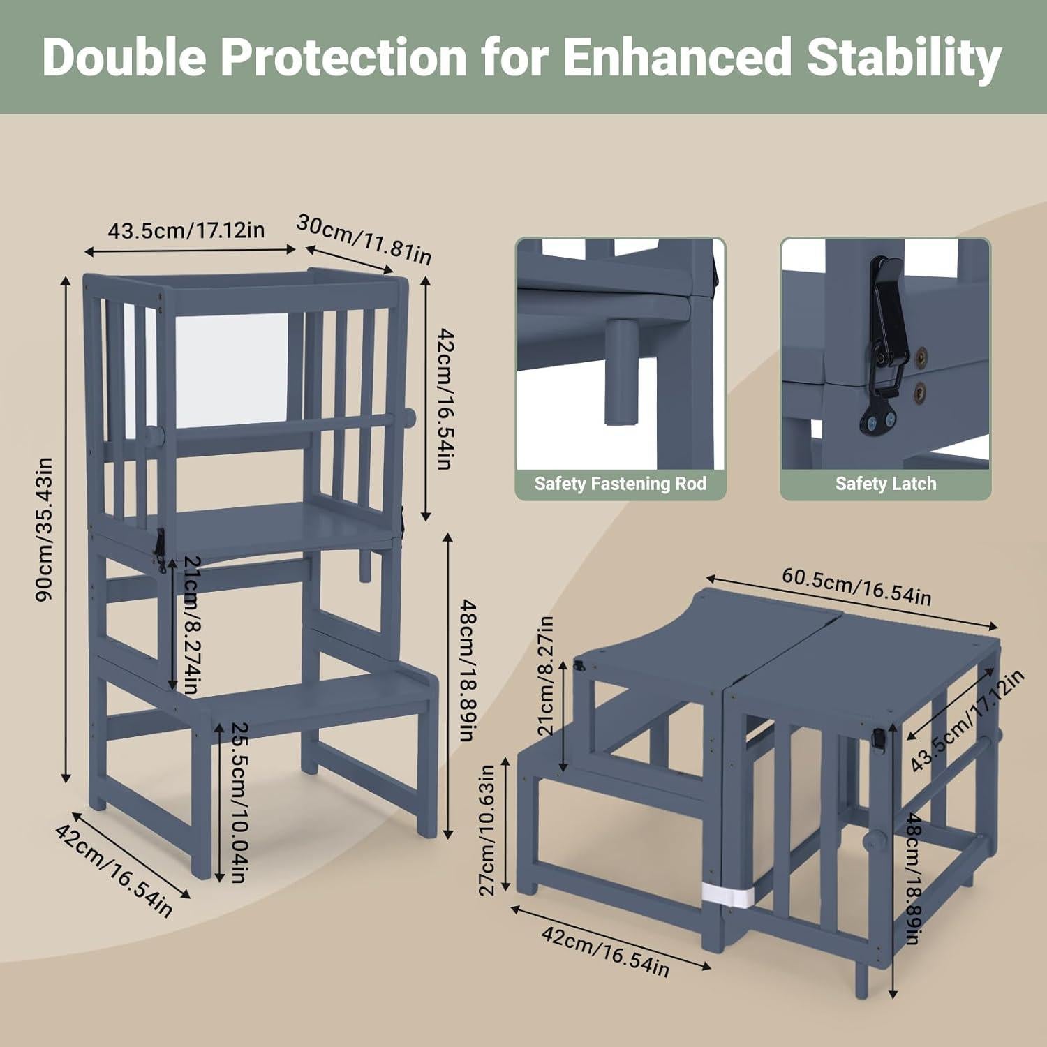 Torre de Pie Multifuncional COSYLAND 3 en 1 para Niños - Taburete de Cocina con Pizarra y Barandilla de Seguridad