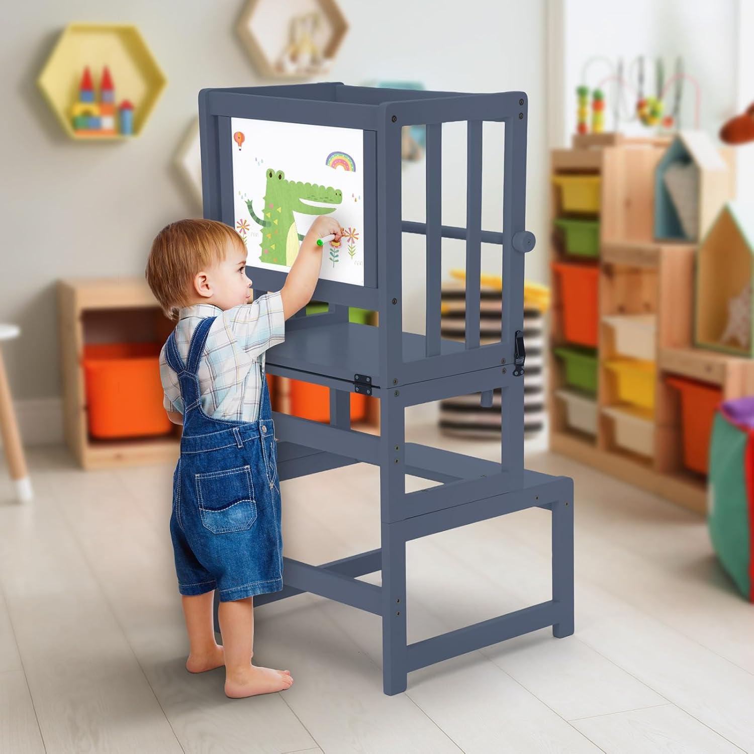 Torre de Pie Multifuncional COSYLAND 3 en 1 para Niños - Taburete de Cocina con Pizarra y Barandilla de Seguridad