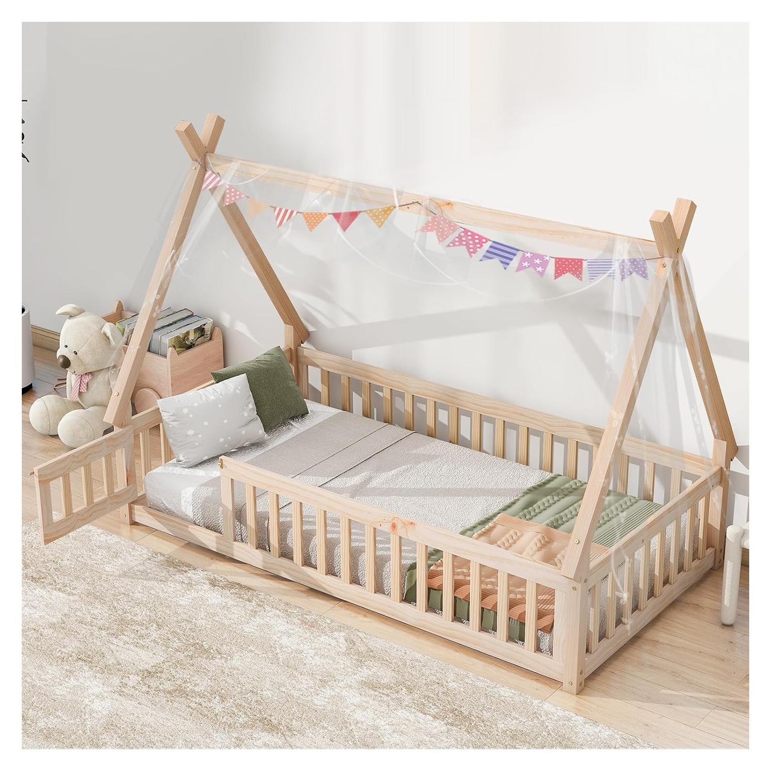 Cama Montessori Tatub Twin de Madera de Pino con Barandillas