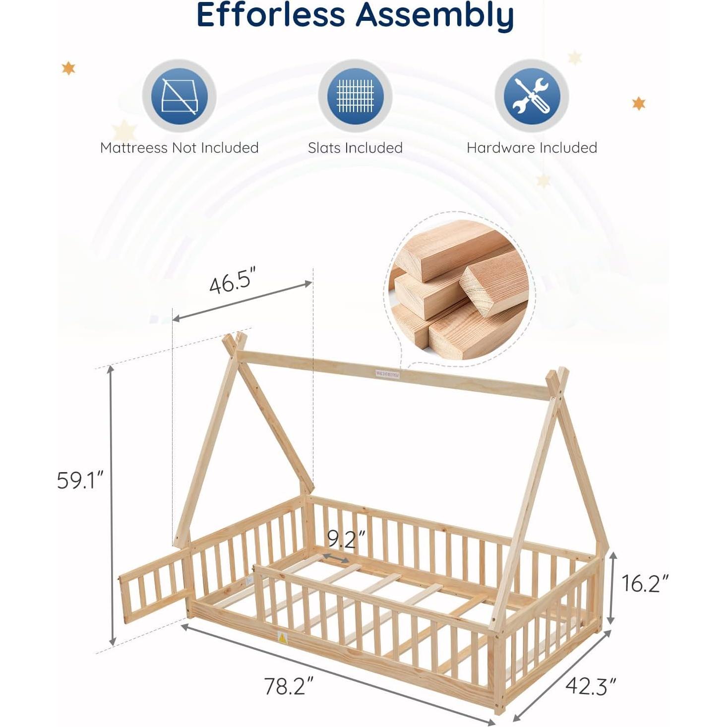 Cama Montessori Tatub Twin de Madera de Pino con Barandillas