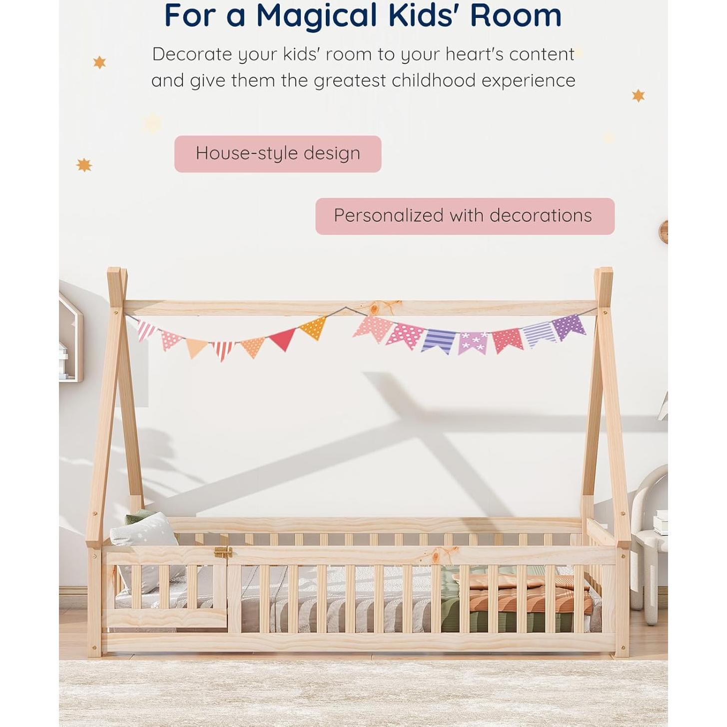 Cama Montessori Tatub Twin de Madera de Pino con Barandillas