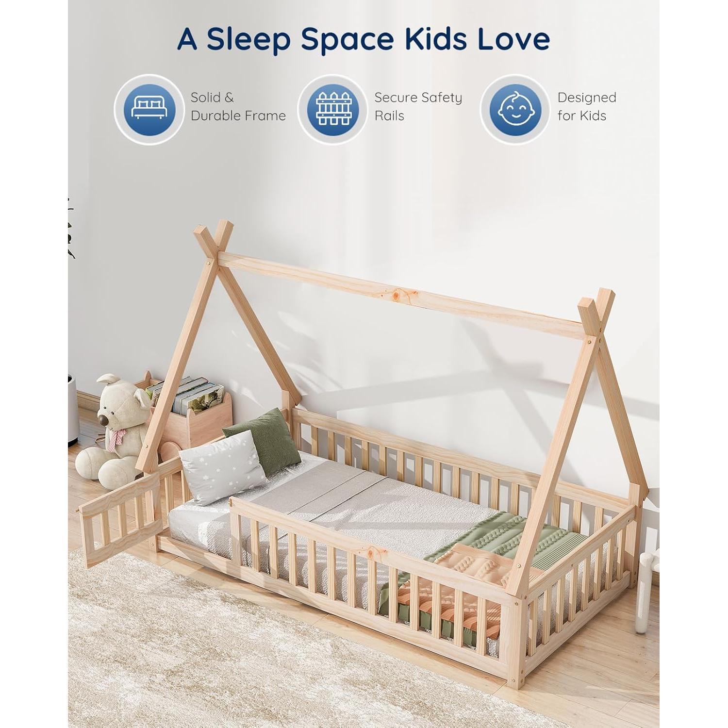Cama Montessori Tatub Twin de Madera de Pino con Barandillas