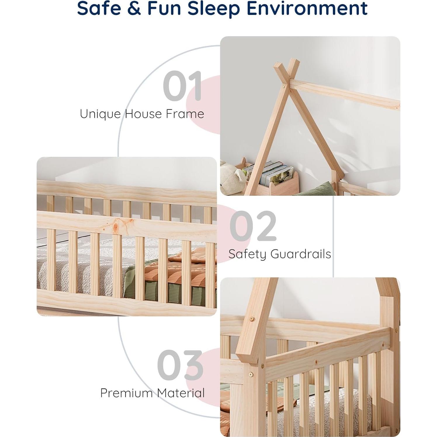 Cama Montessori Tatub Twin de Madera de Pino con Barandillas