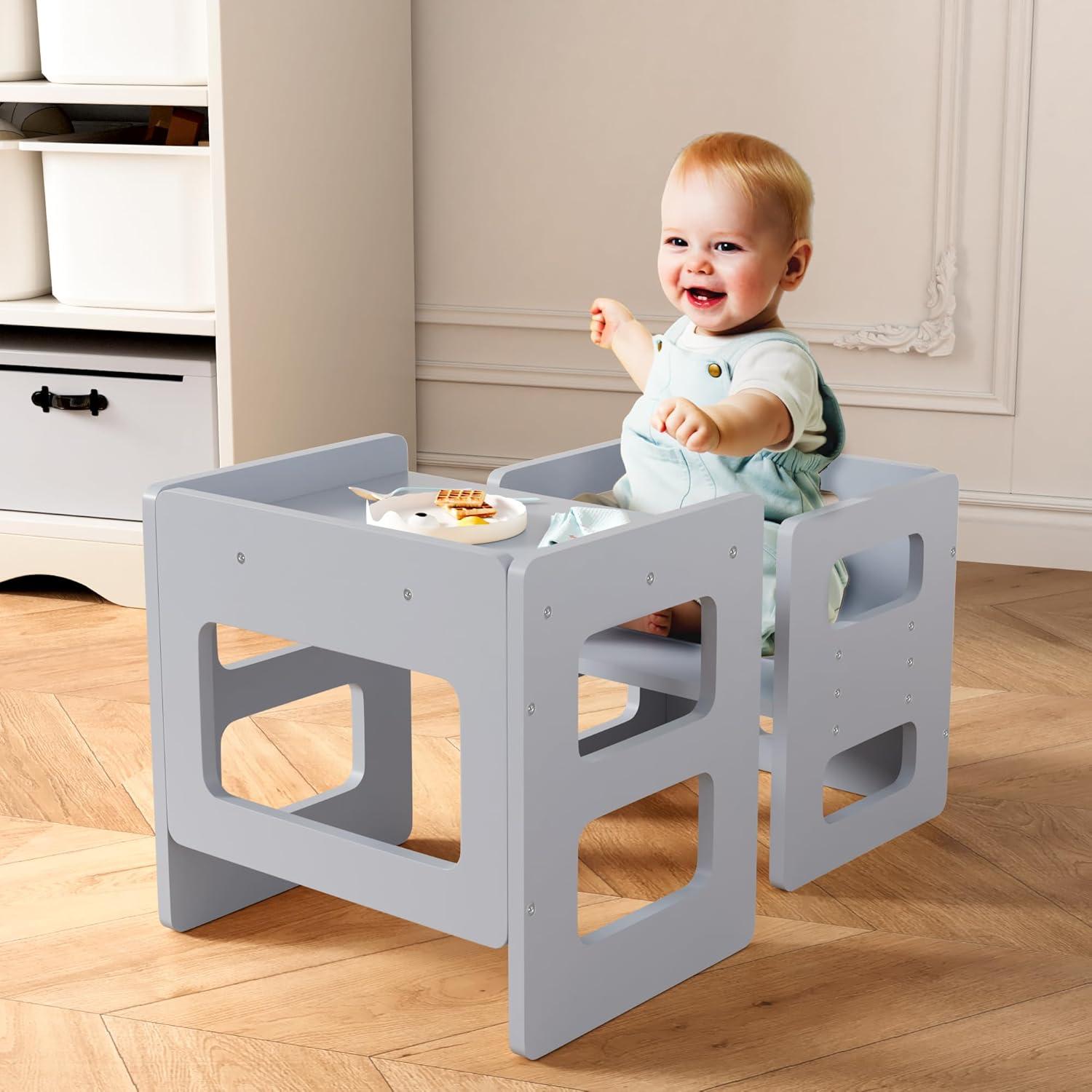 Conjunto Mesa y Silla Montessori Recuerdos Divertidos Gris - Madera Sólida, Altura Ajustable