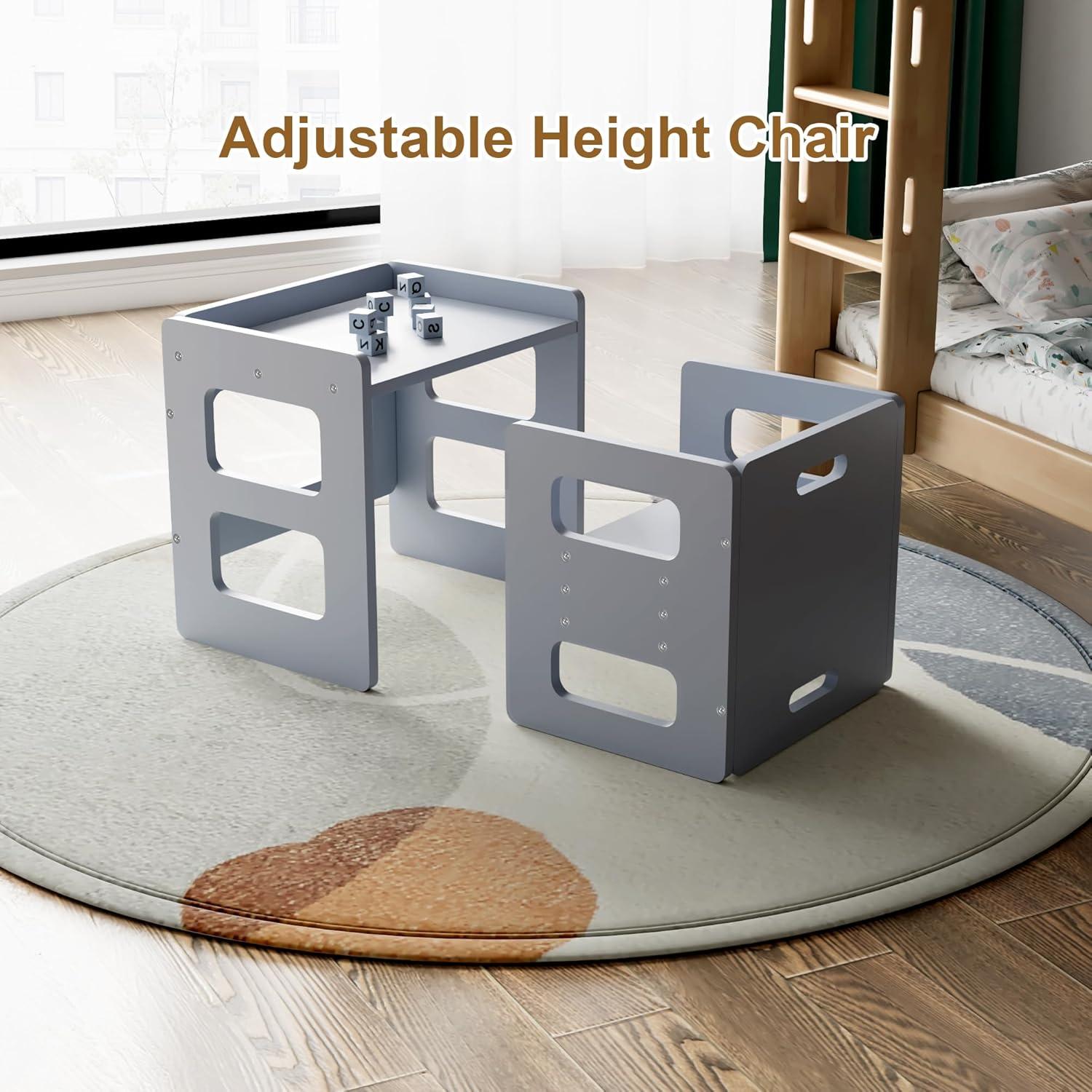 Conjunto Mesa y Silla Montessori Recuerdos Divertidos Gris - Madera Sólida, Altura Ajustable