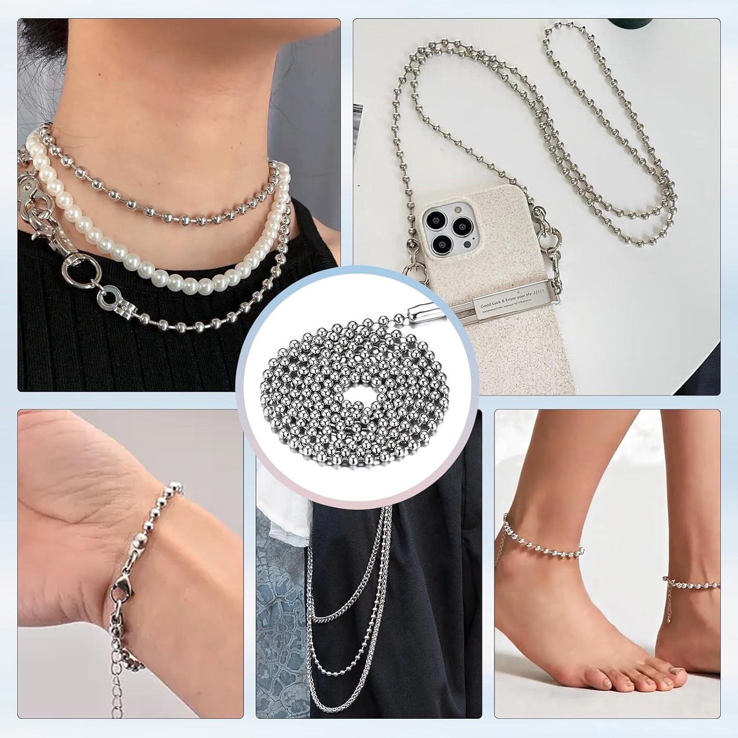 TOAOB 9.8 Feet Stainless Steel Ball Bead Chain 4.5 mm Beaded Chain with 10pcs Matching Connector Clasps for Jewelry Making Necklace Keychain Dog Tag Chain