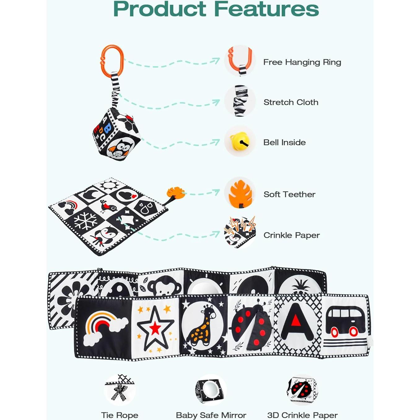 Conjunto de Juguetes Sensoriales para Bebés 0-12 Meses B&W