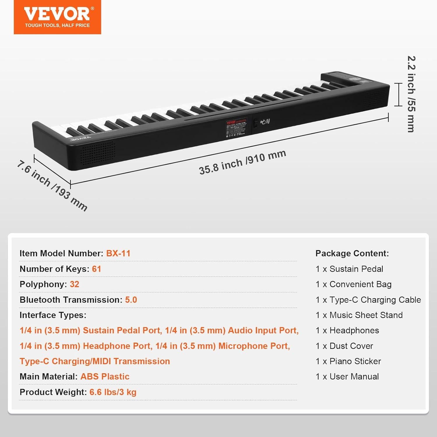 Piano Electrónico Digital Plegable VEVOR BX-11 61 Teclas Negro