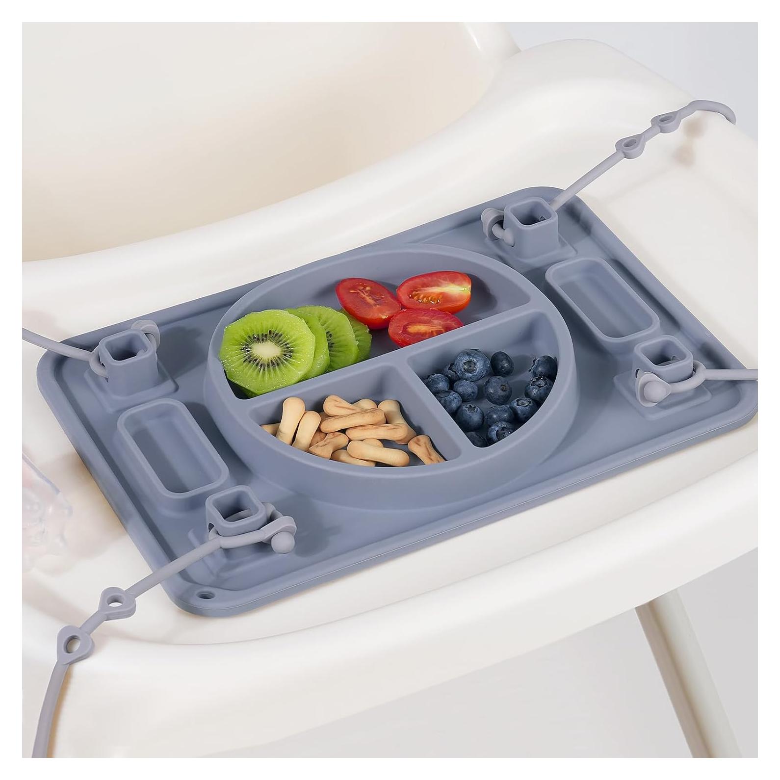 Strong Suction Baby Placemat, STARTURFLYU Silicone Toddler Plate with 4 Toy Straps & Anti-Peel Design, Dishwasher Safe Travel-Friendly Sensory Mat for High Chair, Airplane, Baby Led Weaning (Gray)