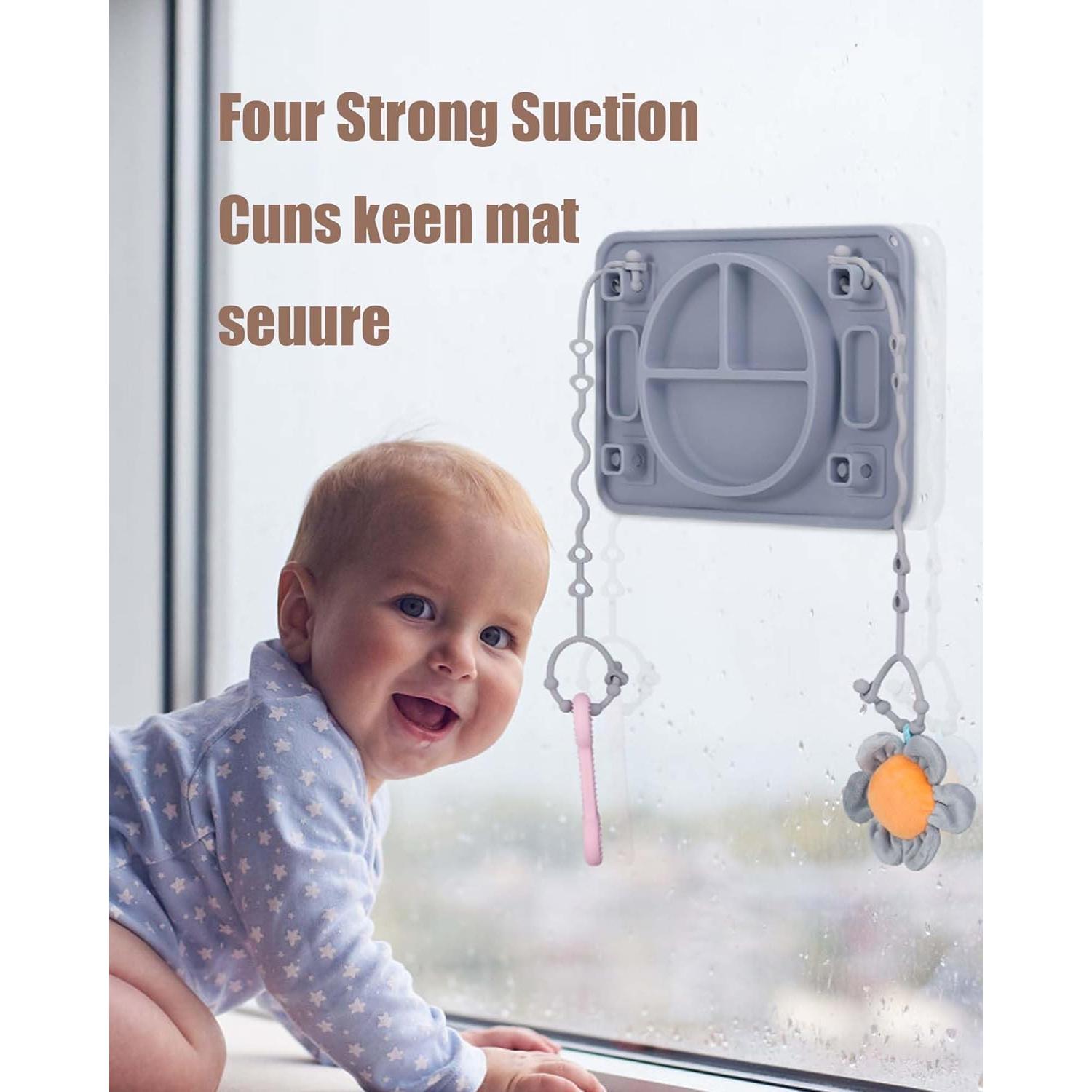 Strong Suction Baby Placemat, STARTURFLYU Silicone Toddler Plate with 4 Toy Straps & Anti-Peel Design, Dishwasher Safe Travel-Friendly Sensory Mat for High Chair, Airplane, Baby Led Weaning (Gray)