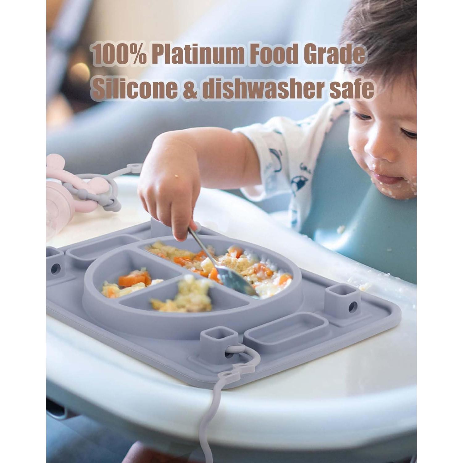 Strong Suction Baby Placemat, STARTURFLYU Silicone Toddler Plate with 4 Toy Straps & Anti-Peel Design, Dishwasher Safe Travel-Friendly Sensory Mat for High Chair, Airplane, Baby Led Weaning (Gray)