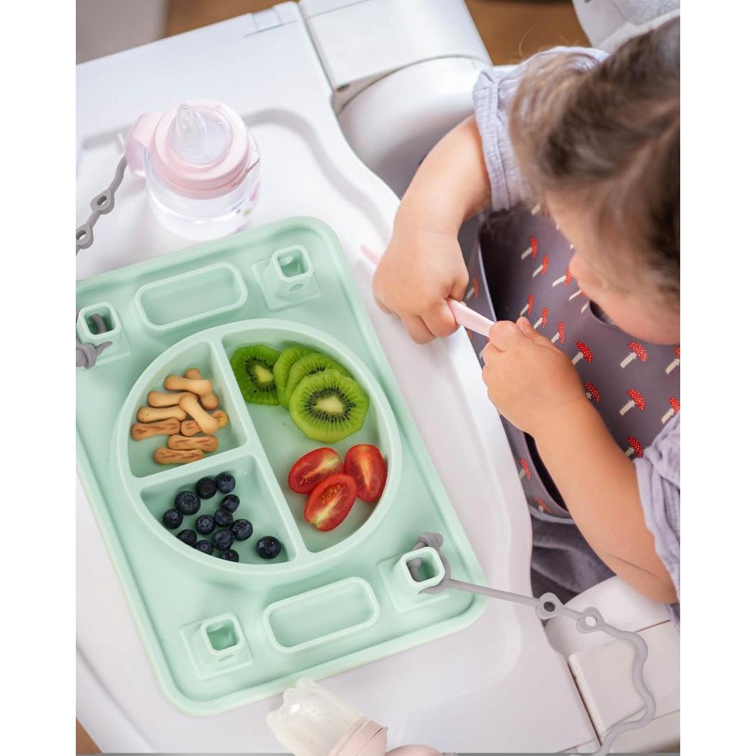 Strong Suction Baby Placemat, STARTURFLYU Silicone Toddler Plate with 4 Toy Straps & Anti-Peel Design, Dishwasher Safe Travel-Friendly Sensory Mat for High Chair, Airplane, Baby Led Weaning (Gray)