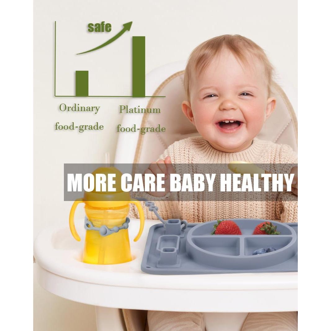 Strong Suction Baby Placemat, STARTURFLYU Silicone Toddler Plate with 4 Toy Straps & Anti-Peel Design, Dishwasher Safe Travel-Friendly Sensory Mat for High Chair, Airplane, Baby Led Weaning (Gray)