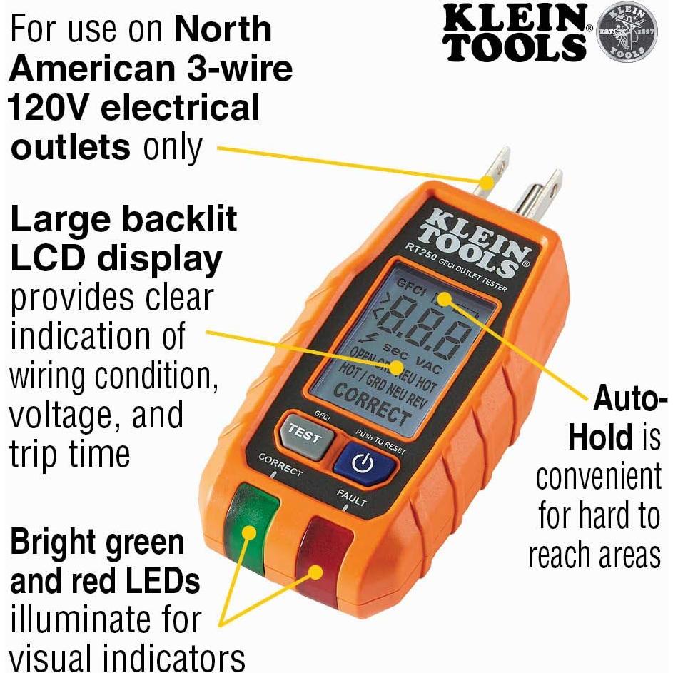 Probador GFCI Klein Tools RT250 con Pantalla LCD 120V