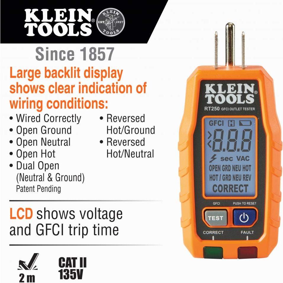 Probador GFCI Klein Tools RT250 con Pantalla LCD 120V