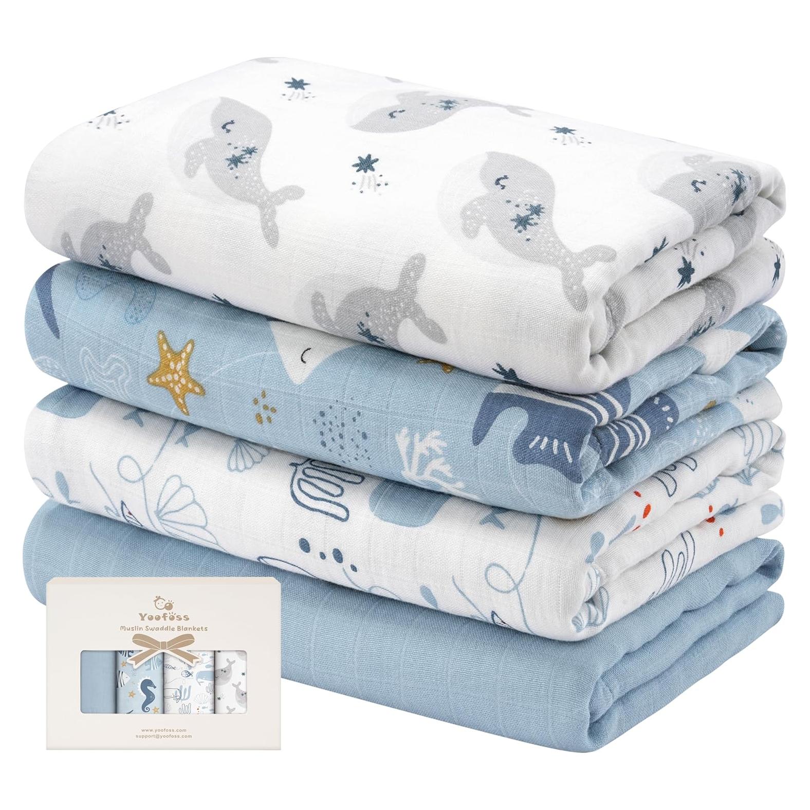 Yoofoss Muslin Swaddle Blankets, 4-Pack Receiving Blankets for Baby Boys and Girls, 47 x 47 Inches Baby Swaddle Neutral Wrap 70% Rayon from Bamboo and 30% Organic Cotton