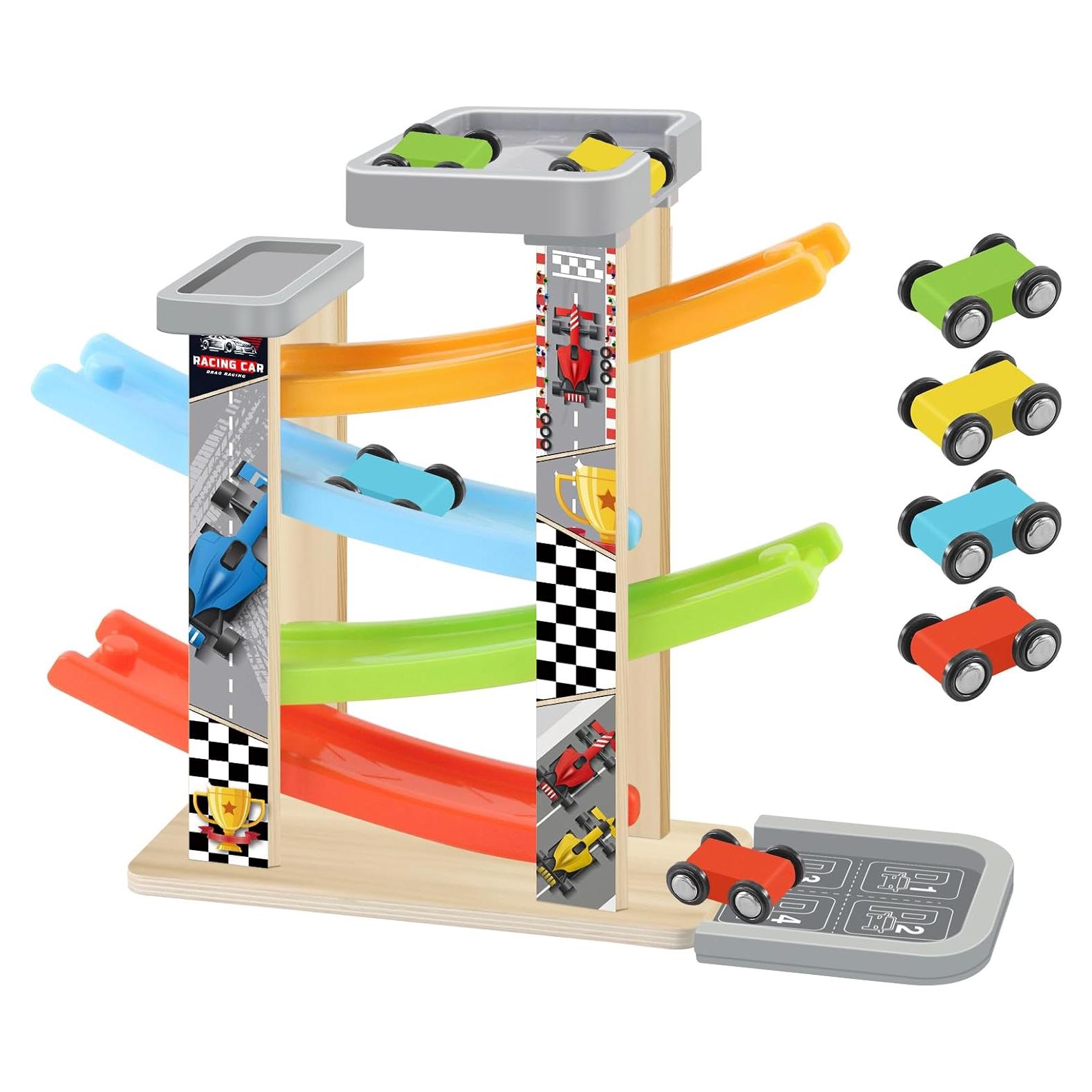 Rampa de Coches de Madera Ranqibo con 4 Coches Mini - Juguete Educativo