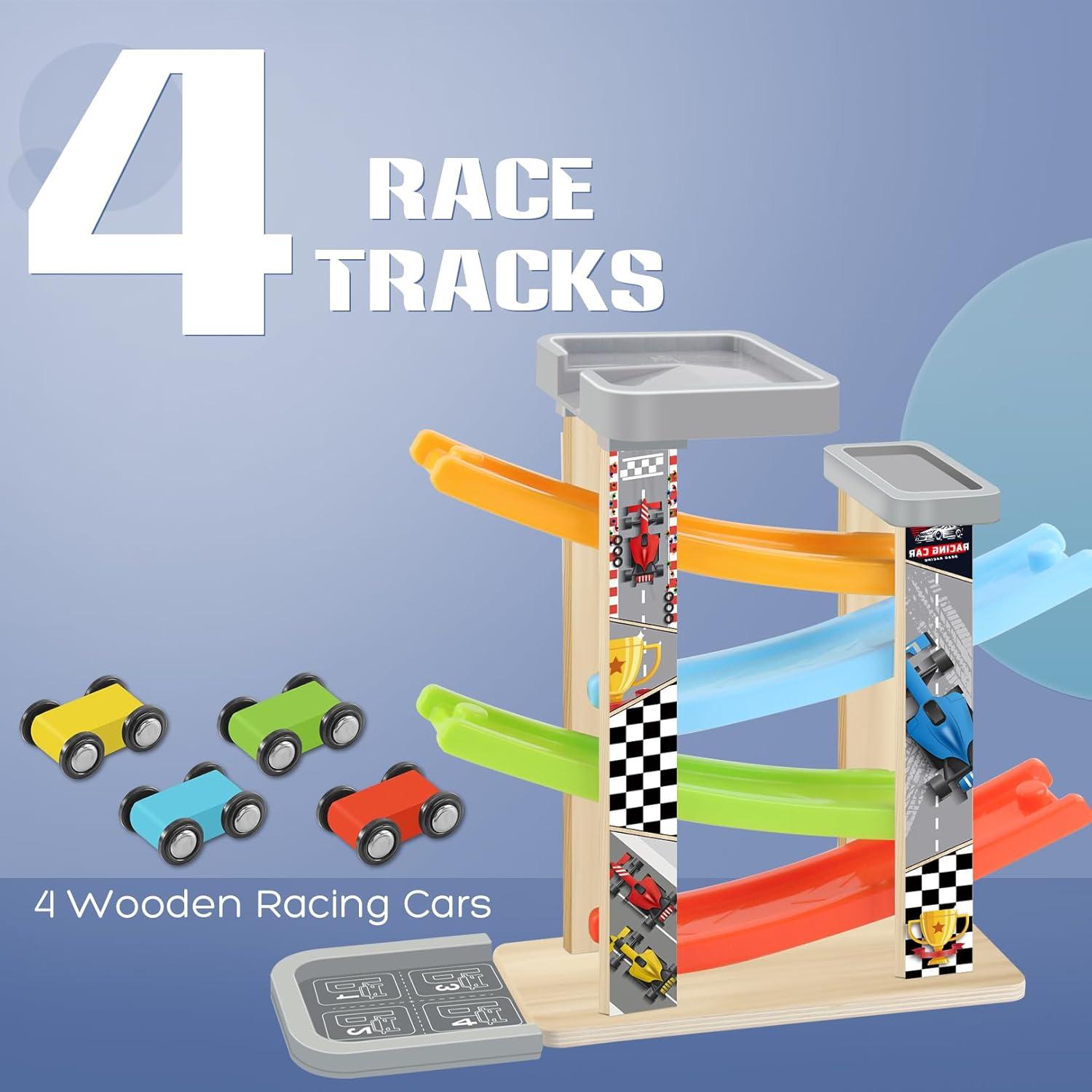 Rampa de Coches de Madera Ranqibo con 4 Coches Mini - Juguete Educativo