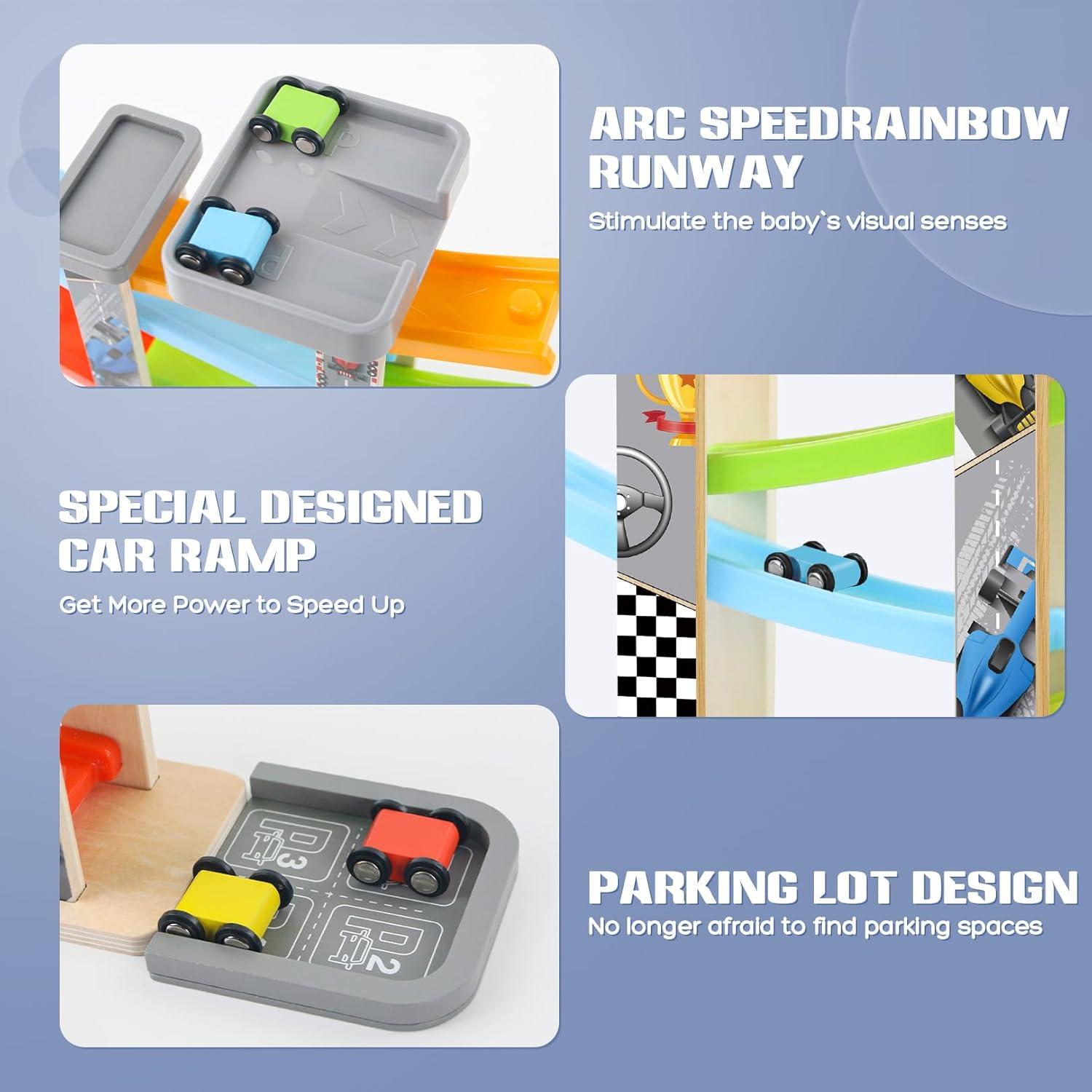 Rampa de Coches de Madera Ranqibo con 4 Coches Mini - Juguete Educativo