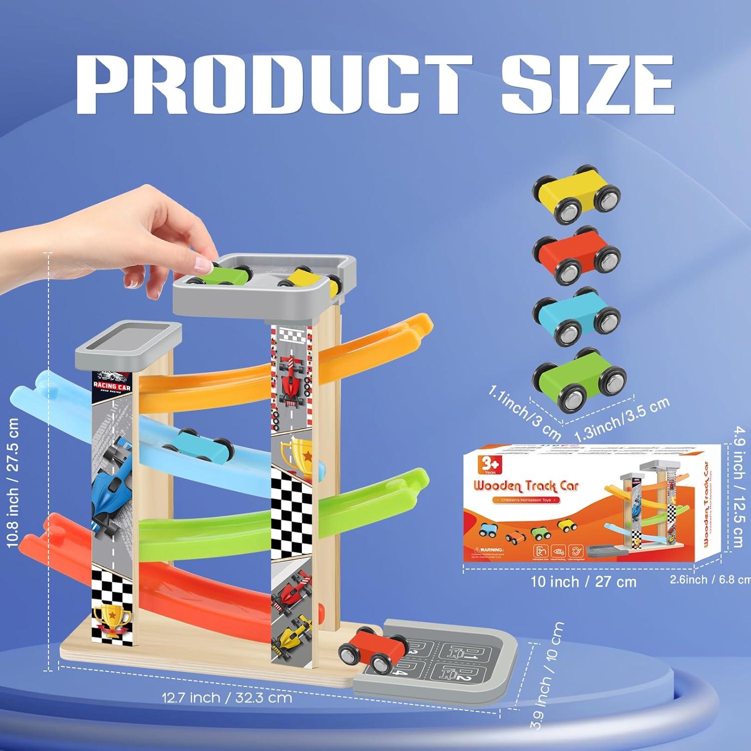 Rampa de Coches de Madera Ranqibo con 4 Coches Mini - Juguete Educativo