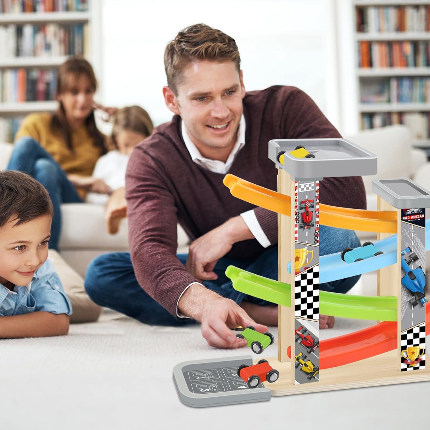 Rampa de Coches de Madera Ranqibo con 4 Coches Mini - Juguete Educativo