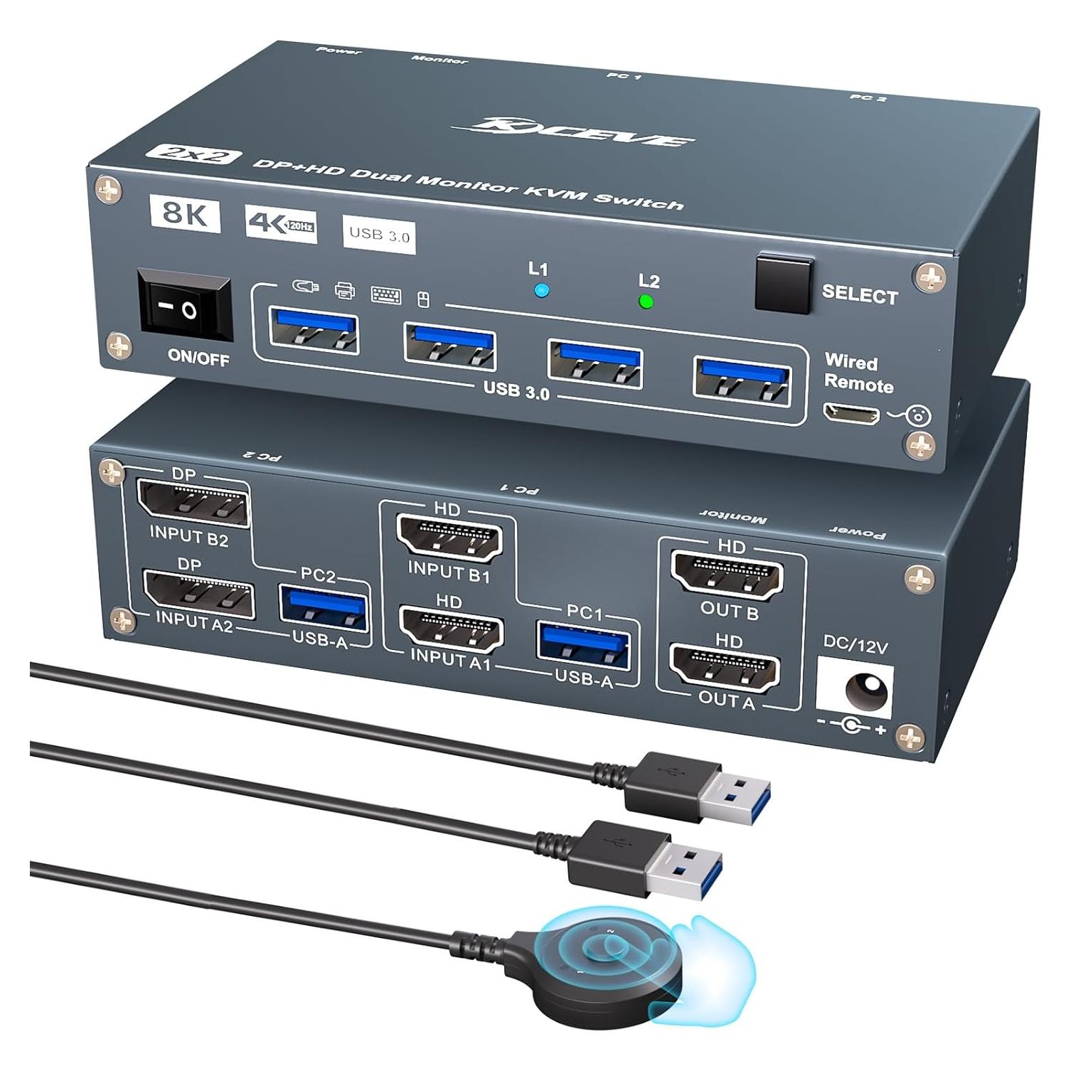 Interruptor KVM 2 Monitores HDMI y DisplayPort 8K 60Hz