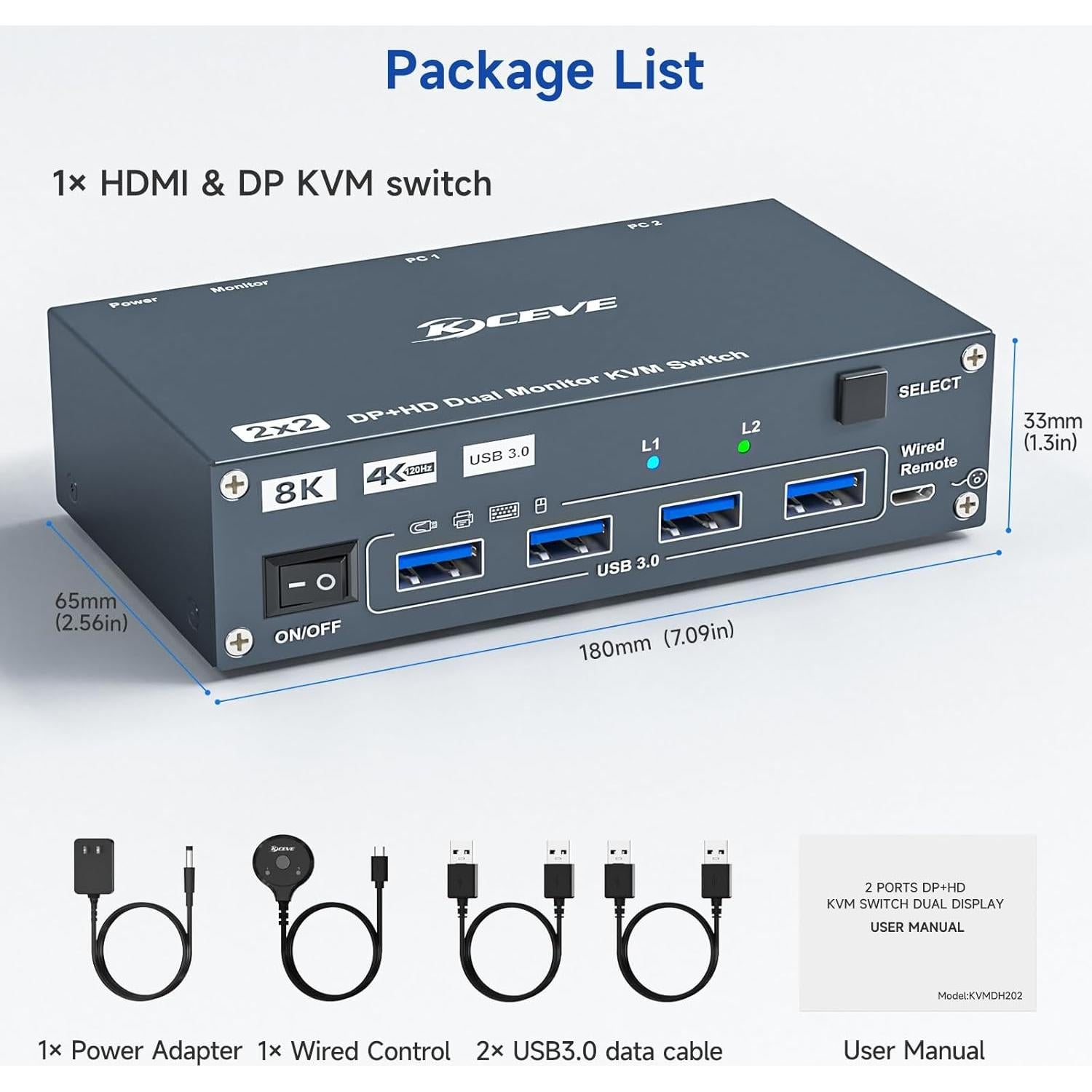 Interruptor KVM 2 Monitores HDMI y DisplayPort 8K 60Hz