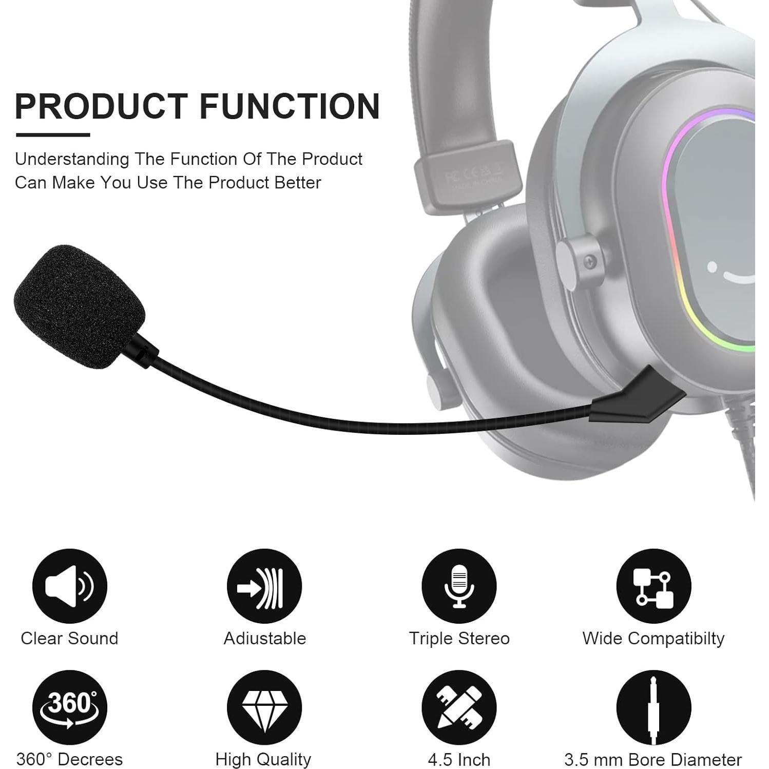 Replacement Cloud 2 Mic Boom for 1st Version Kingston HyperX Cloud Core Cloud Pro CloudX Wire Gaming Headsets, 3.5mm Detachable Slanted End Microphone (Slanted End Mic)