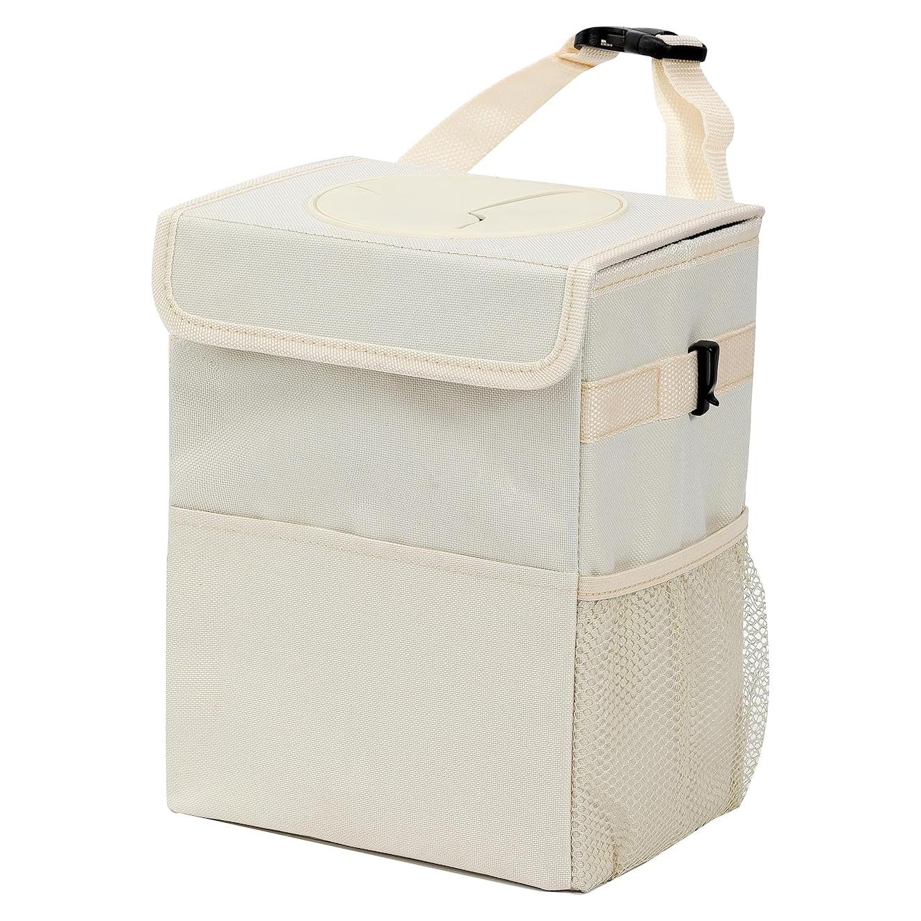 Basurero de coche AOKJOY beige con tapa y 3 bolsillos