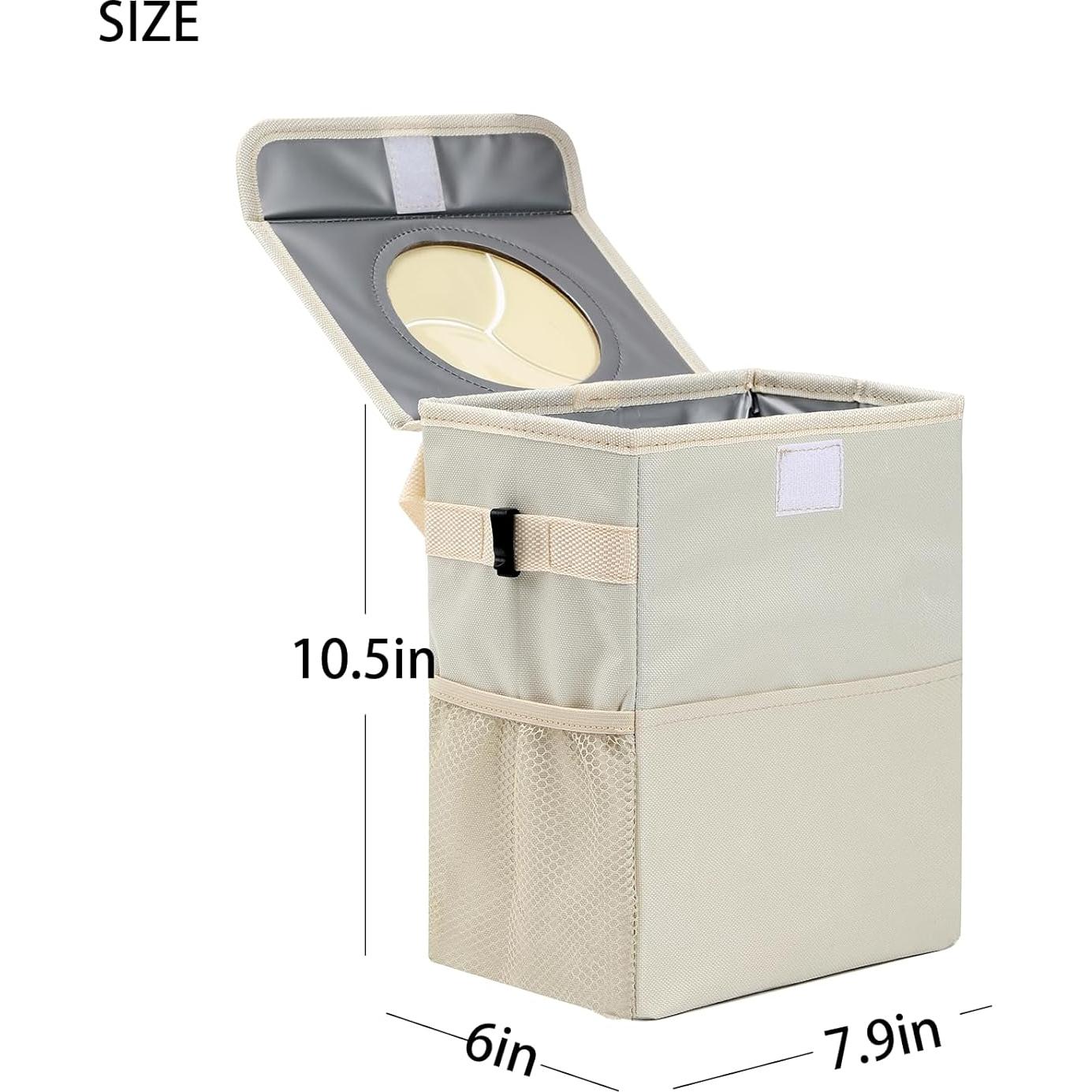 Basurero de coche AOKJOY beige con tapa y 3 bolsillos
