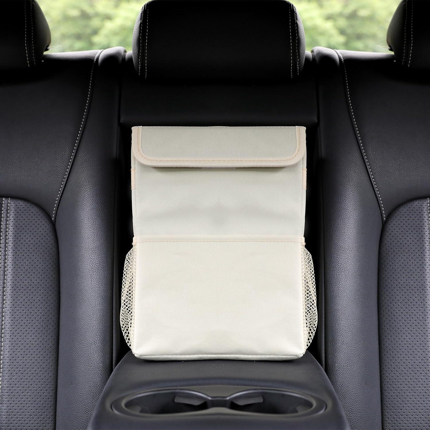 Basurero de coche AOKJOY beige con tapa y 3 bolsillos