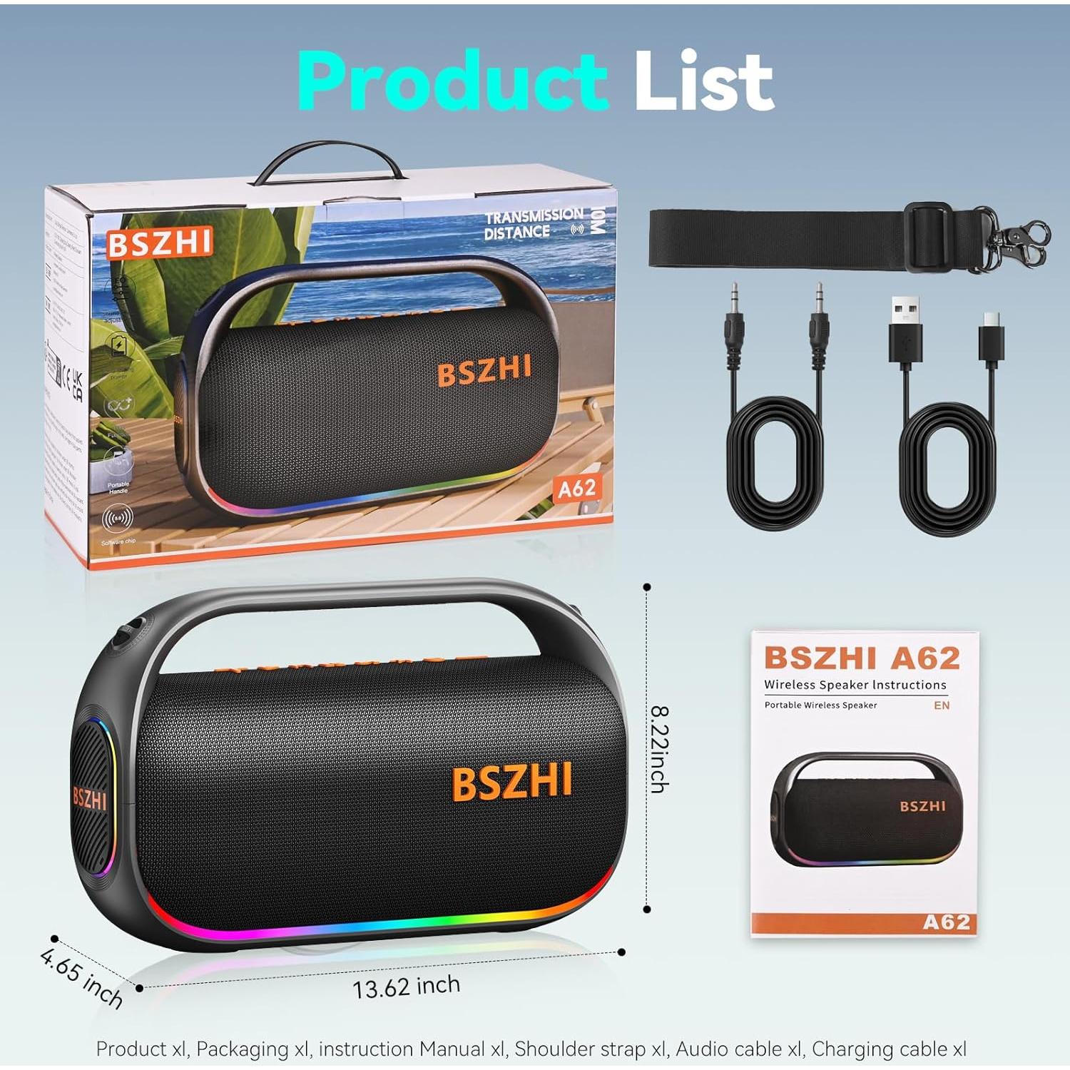 Altavoz Bluetooth Portátil BSZHI A62 80W IPX6 TWS USB AUX