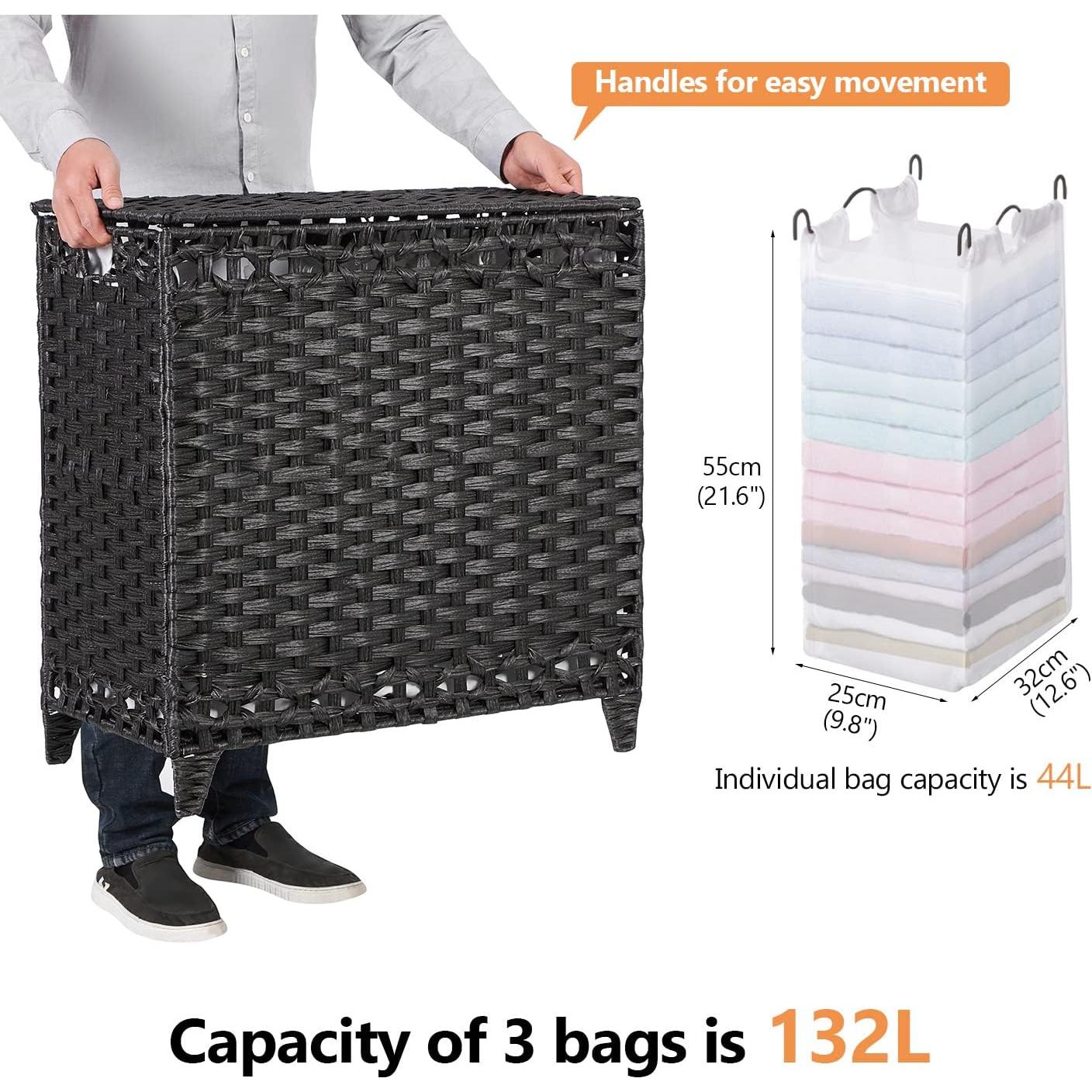 Cesta de Ropa Hermina 132L con 3 Bolsas Removibles Negra