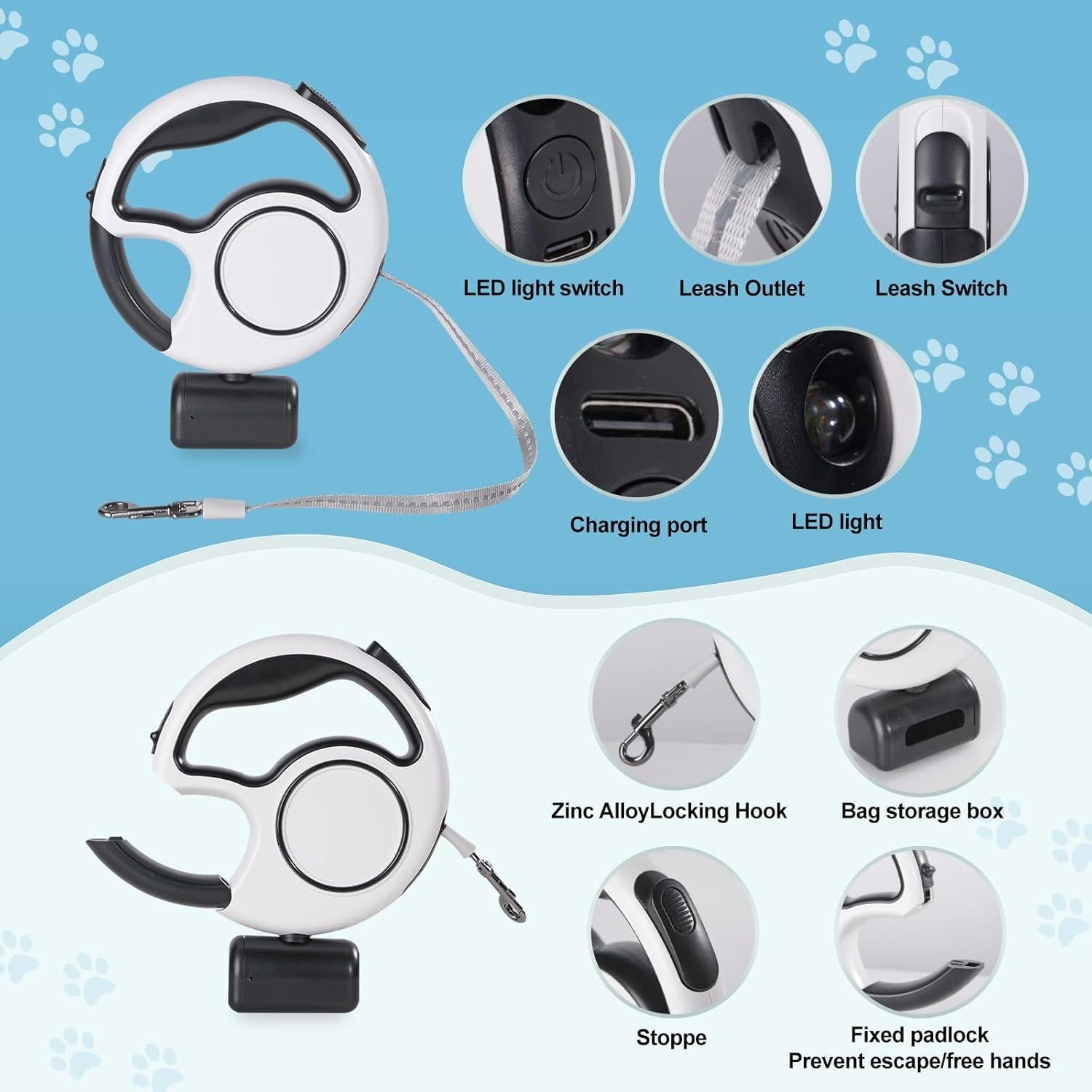 Correa Retráctil para Perros Zividodo 10 pies con Luz LED