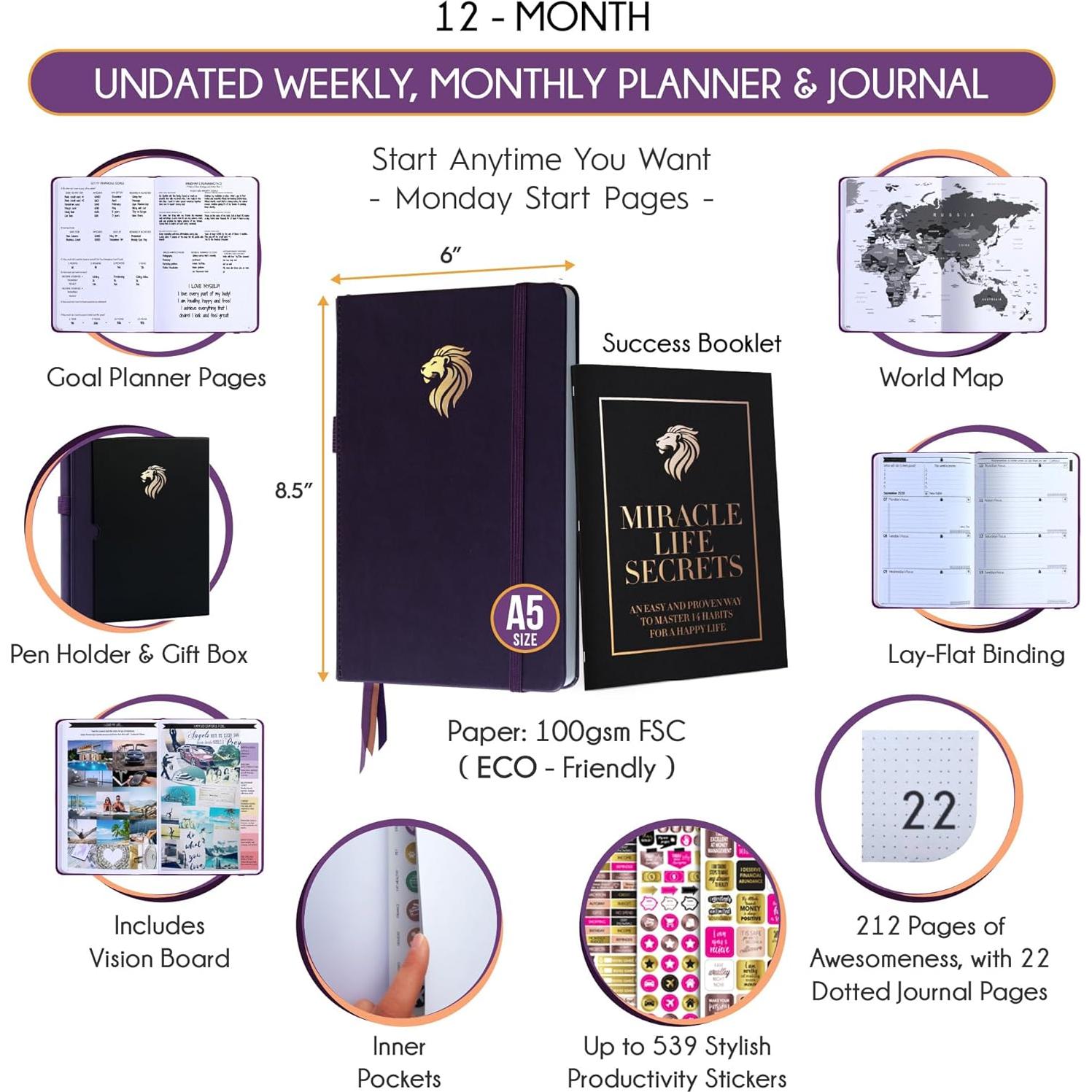 Planificador Diario Semanal Mensual A5 Freedom Mastery Púrpura