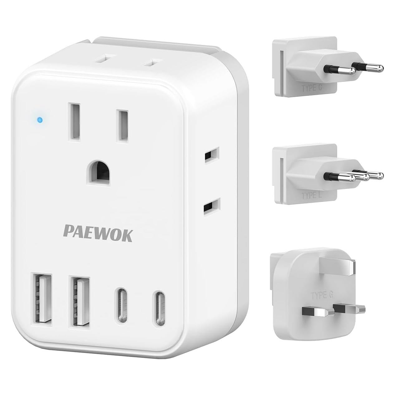 Adaptador de Enchufe de Viaje PAEWOK 8-en-1 USB C para Europa