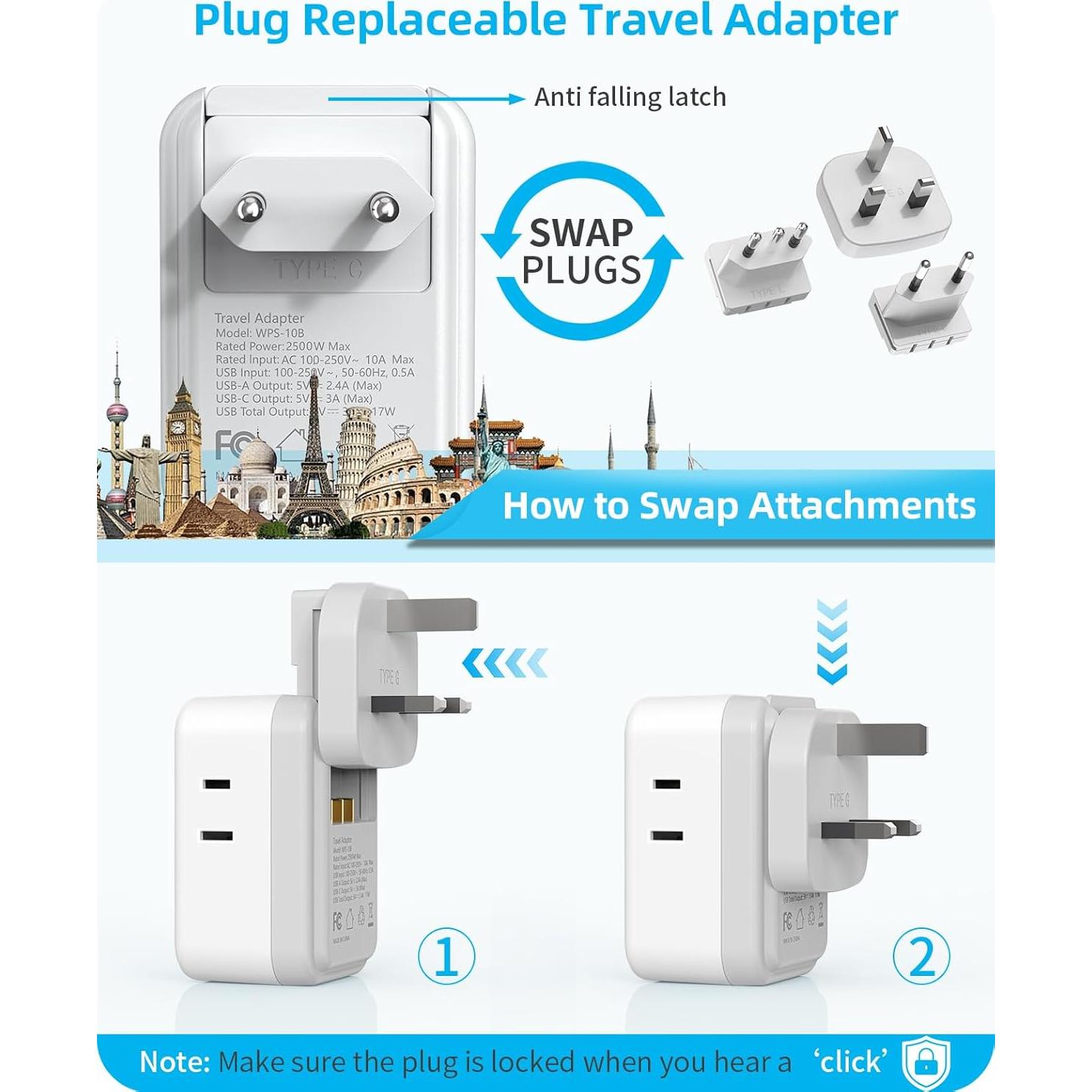 Adaptador de Enchufe de Viaje PAEWOK 8-en-1 USB C para Europa