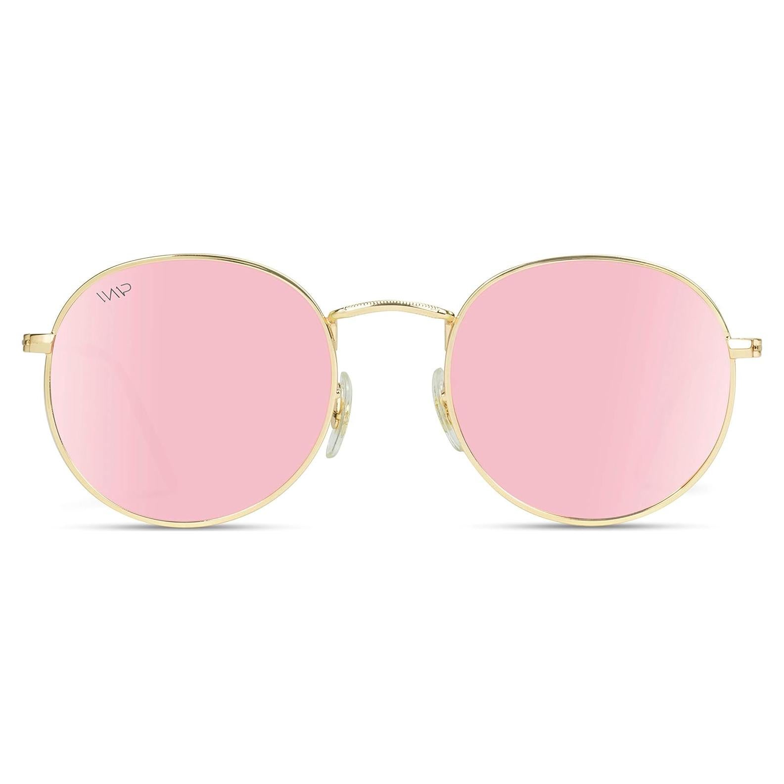 WearMe Pro - Gafas de sol redondas doradas con lentes rosa