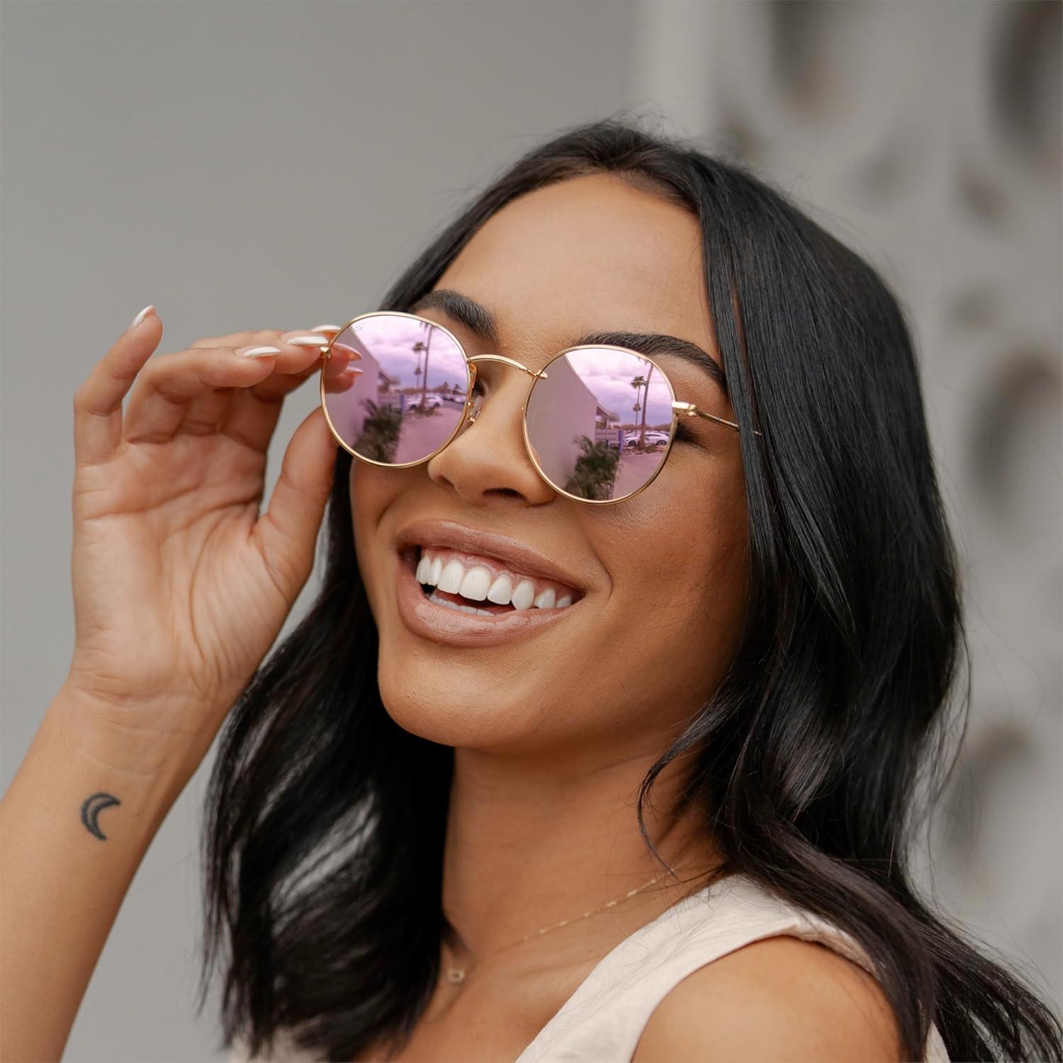 WearMe Pro - Gafas de sol redondas doradas con lentes rosa